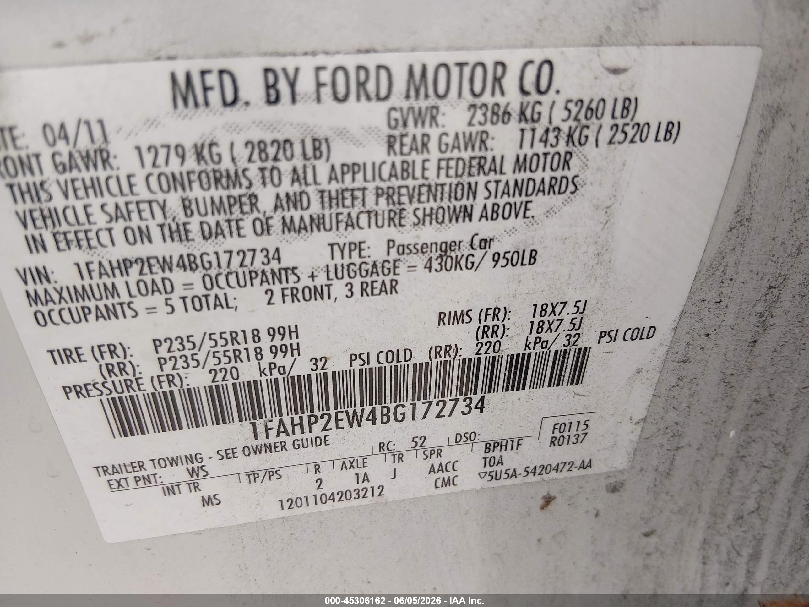 2011 Ford Taurus Sel Champagne vin: 1FAHP2EW4BG172734