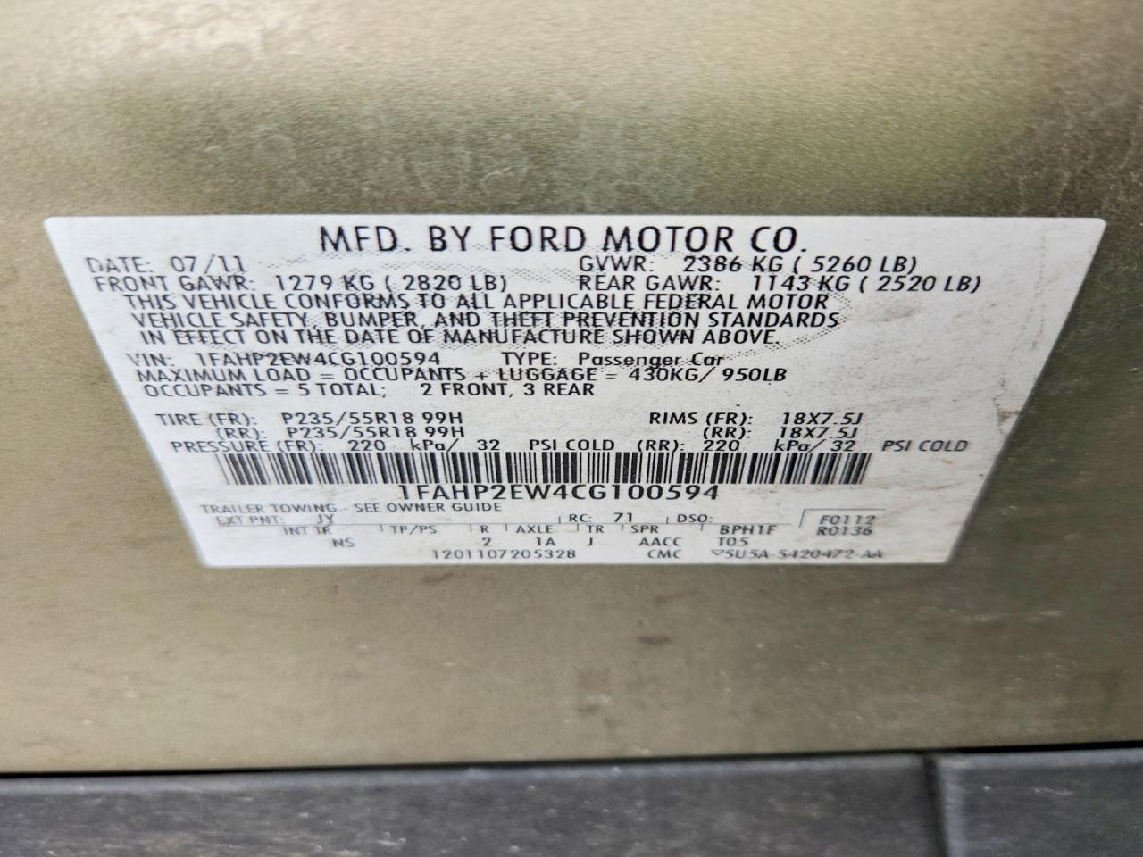 2012 Ford Taurus Sel Green vin: 1FAHP2EW4CG100594