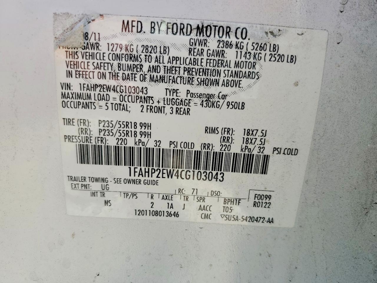 2012 Ford Taurus Sel White vin: 1FAHP2EW4CG103043