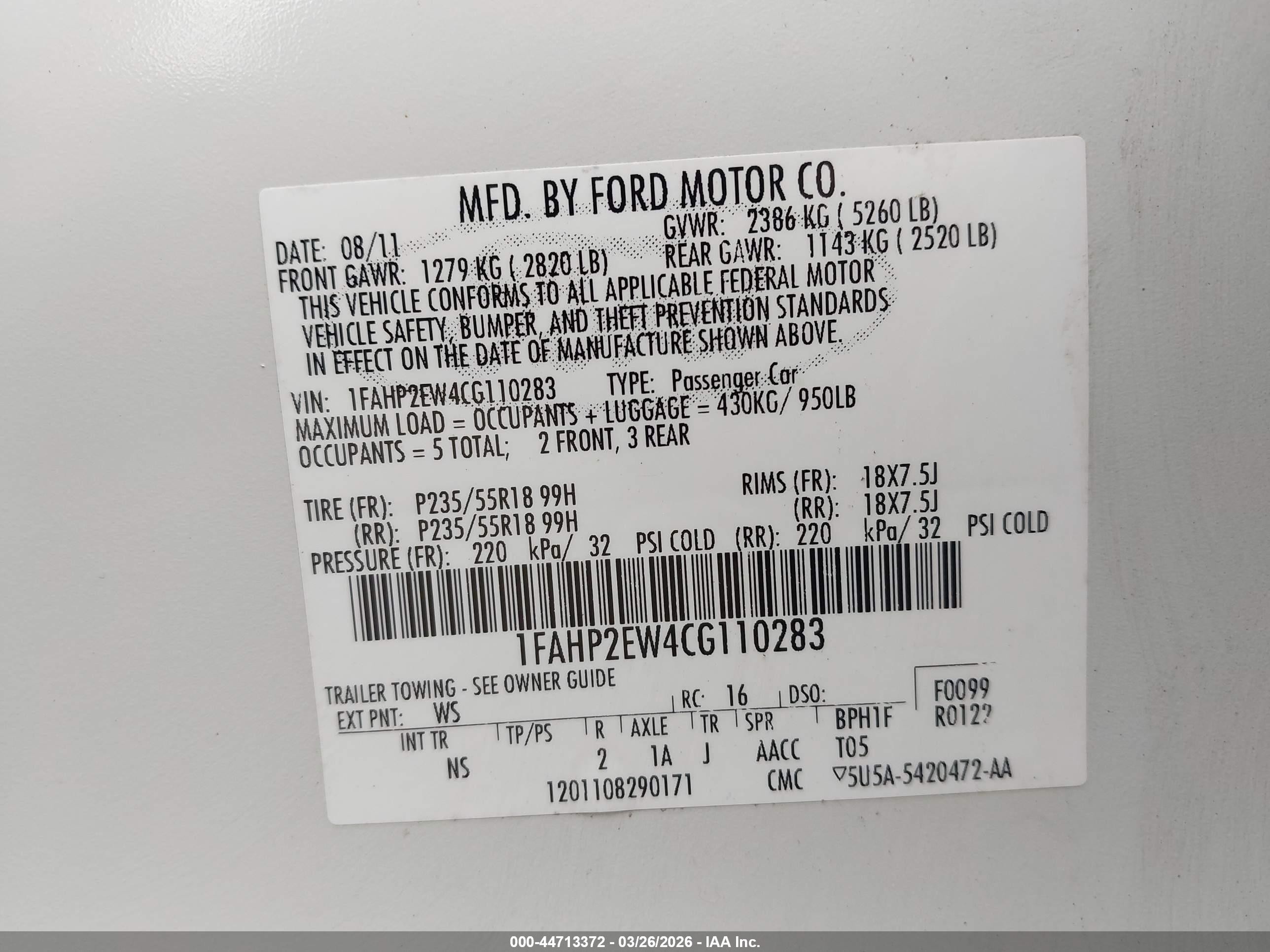 2012 Ford Taurus Sel White vin: 1FAHP2EW4CG110283