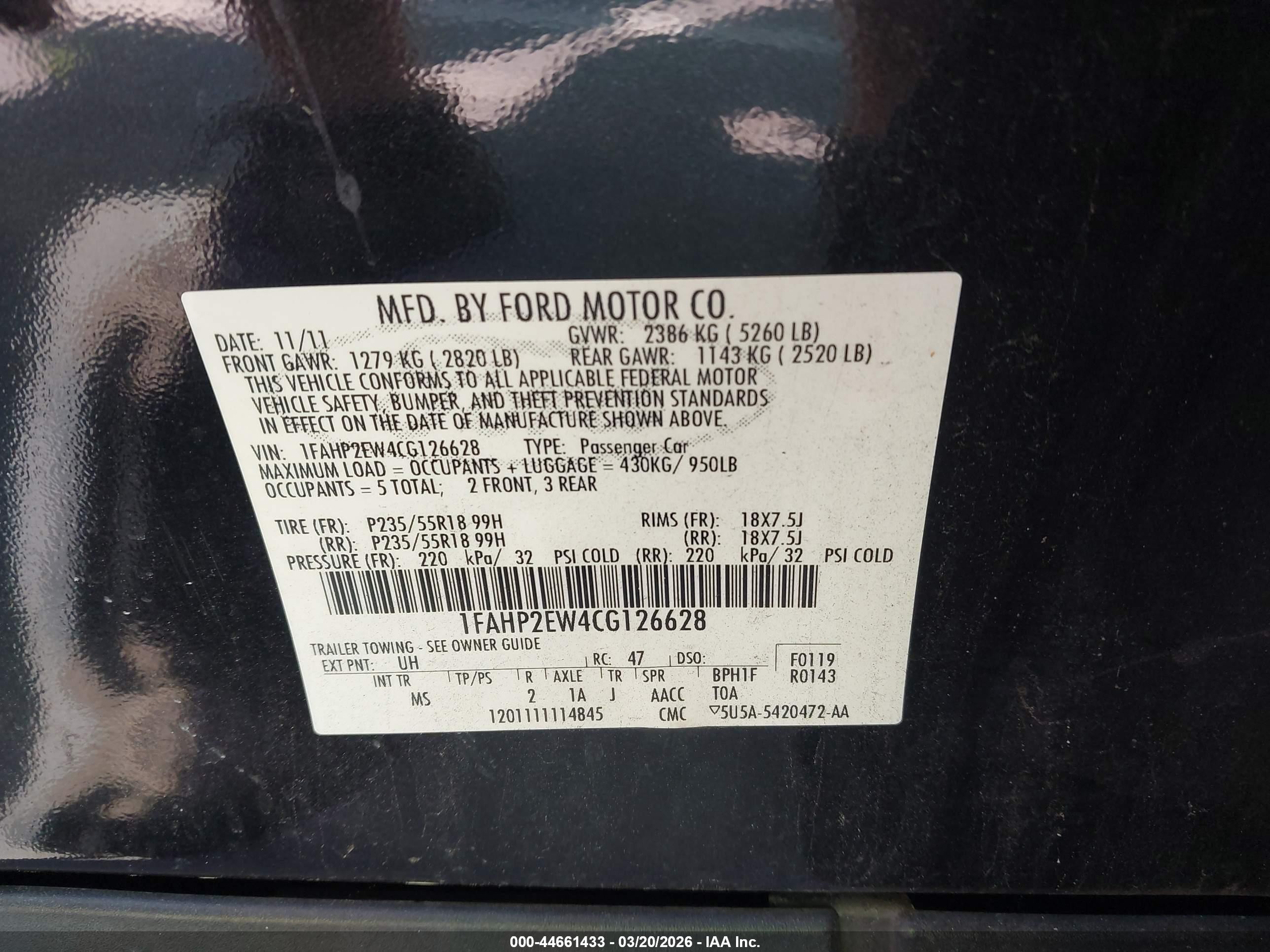 2012 Ford Taurus Sel Black vin: 1FAHP2EW4CG126628