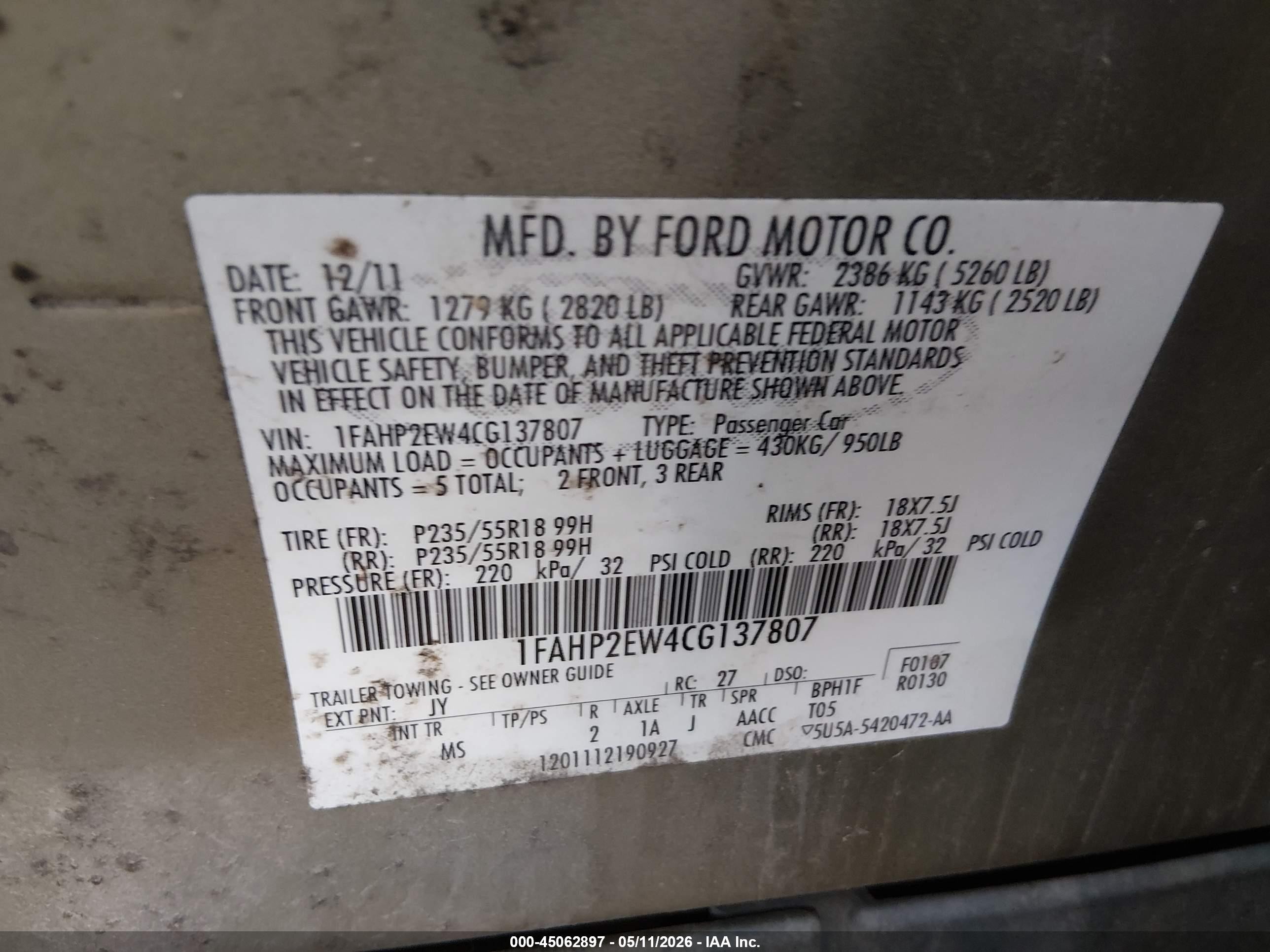2012 Ford Taurus Sel Green vin: 1FAHP2EW4CG137807