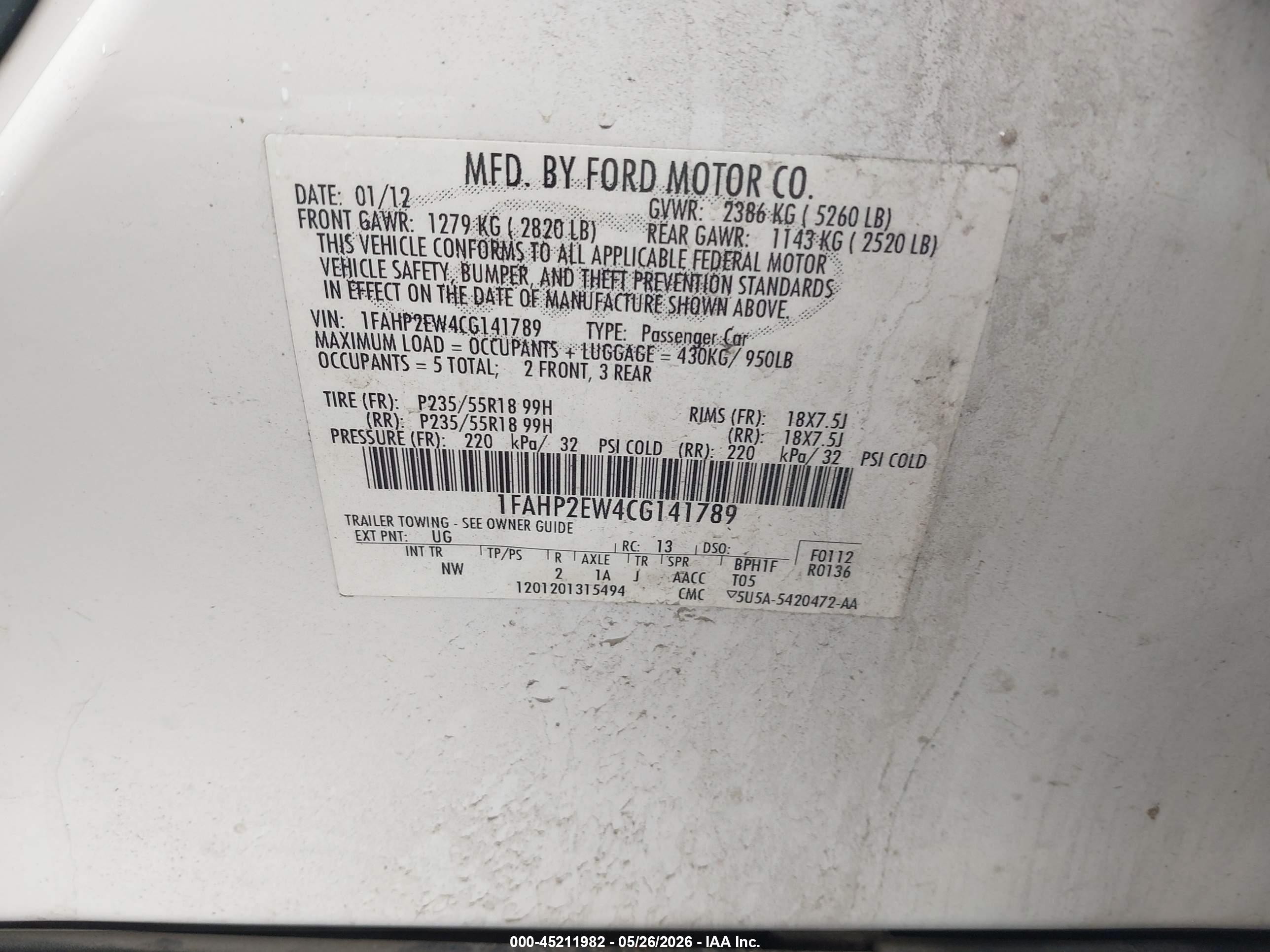 2012 Ford Taurus Sel White vin: 1FAHP2EW4CG141789