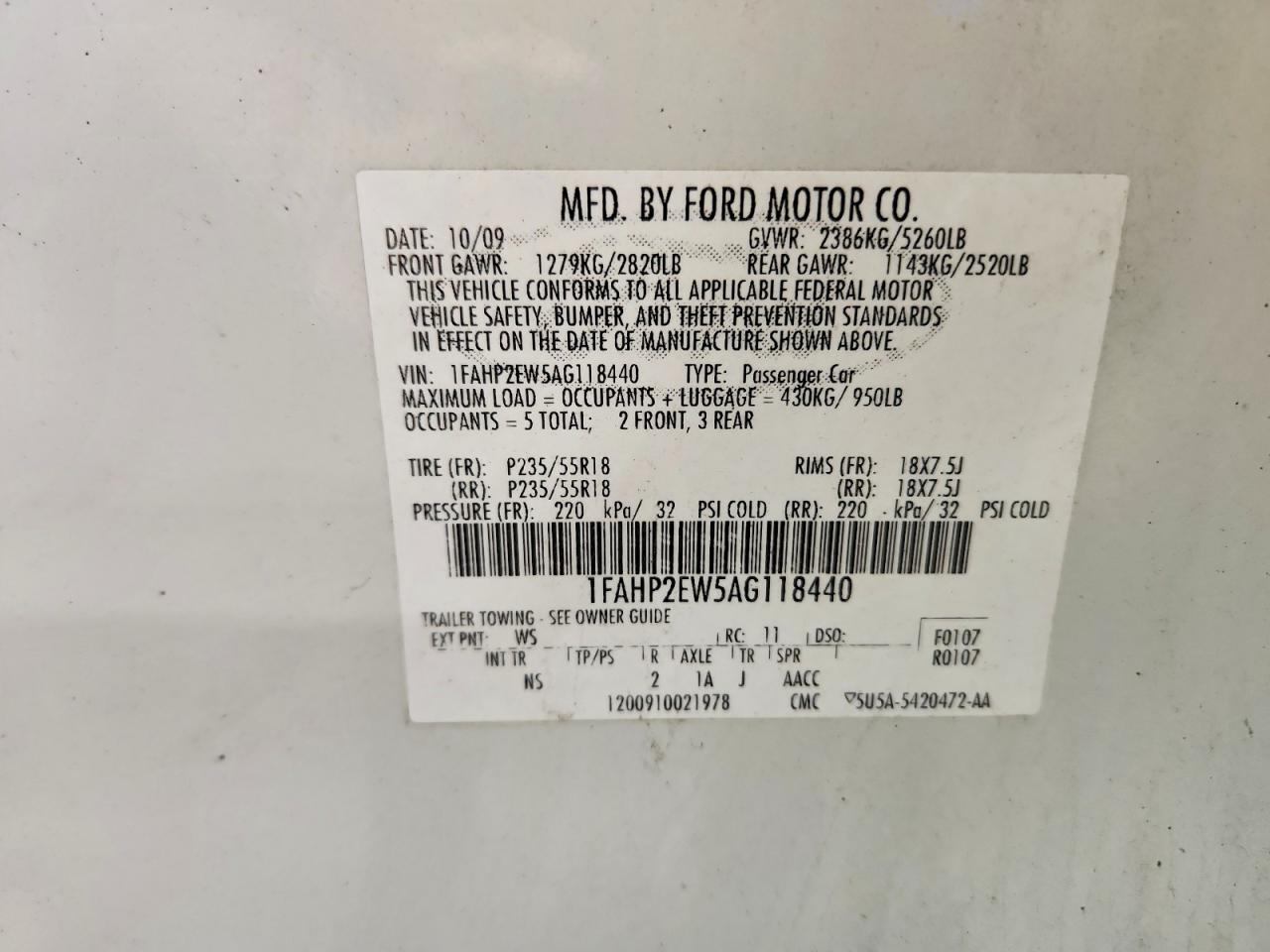 2010 Ford Taurus Sel White vin: 1FAHP2EW5AG118440