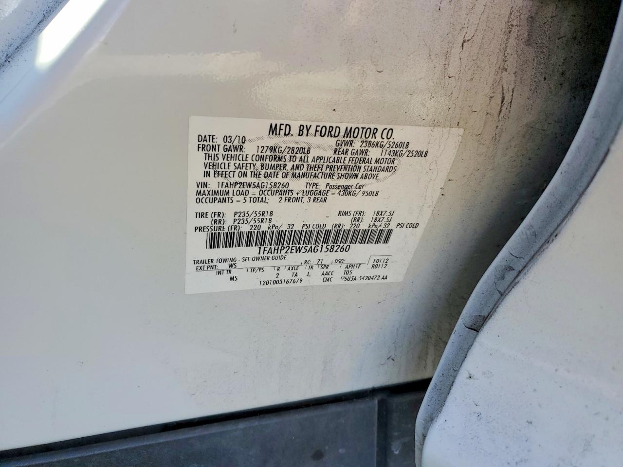 2010 Ford Taurus Sel White vin: 1FAHP2EW5AG158260