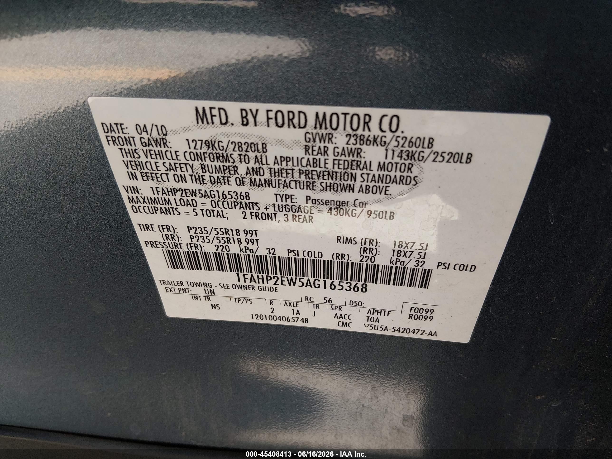 2010 Ford Taurus Sel Light Blue vin: 1FAHP2EW5AG165368