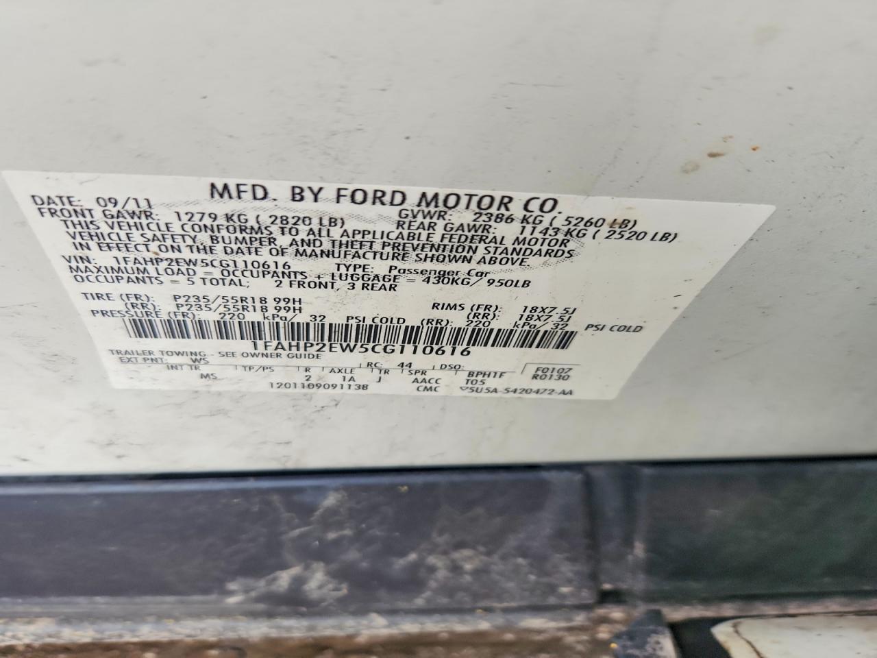 2012 Ford Taurus Sel White vin: 1FAHP2EW5CG110616