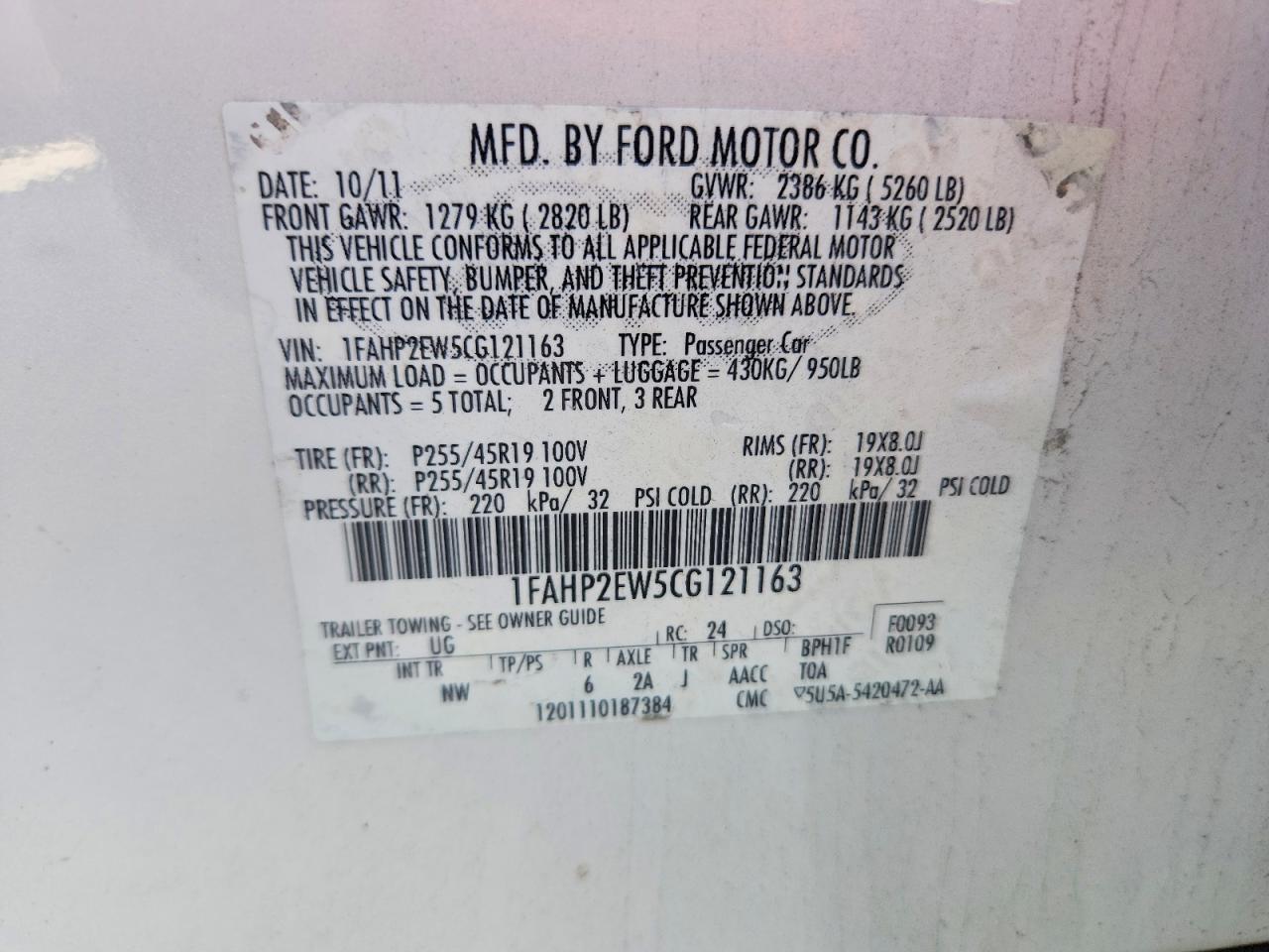 2012 Ford Taurus Sel White vin: 1FAHP2EW5CG121163