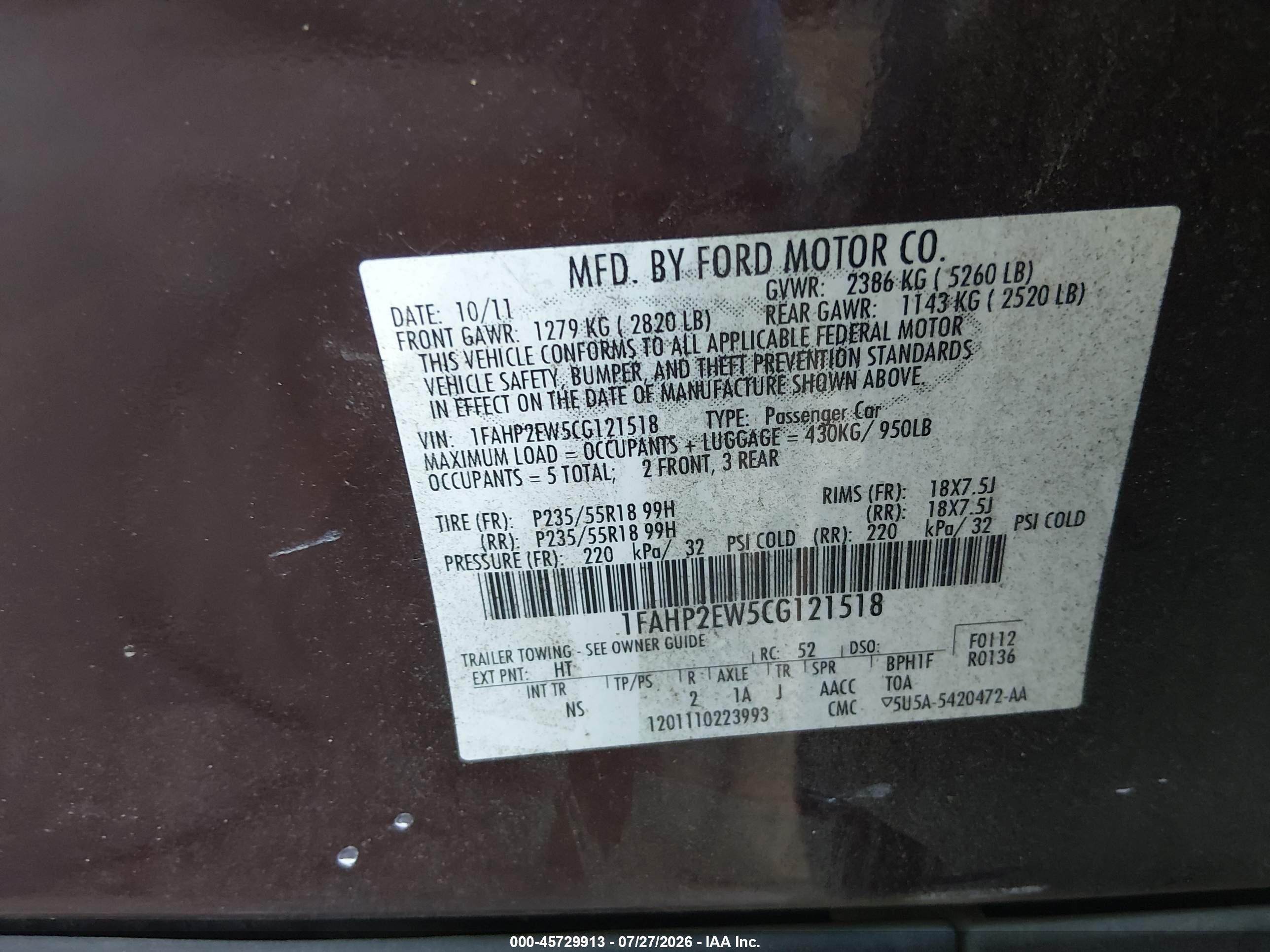 2012 Ford Taurus Sel Burgundy vin: 1FAHP2EW5CG121518