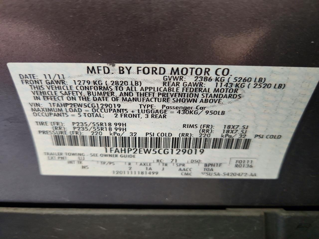 2012 Ford Taurus Sel Gray vin: 1FAHP2EW5CG129019