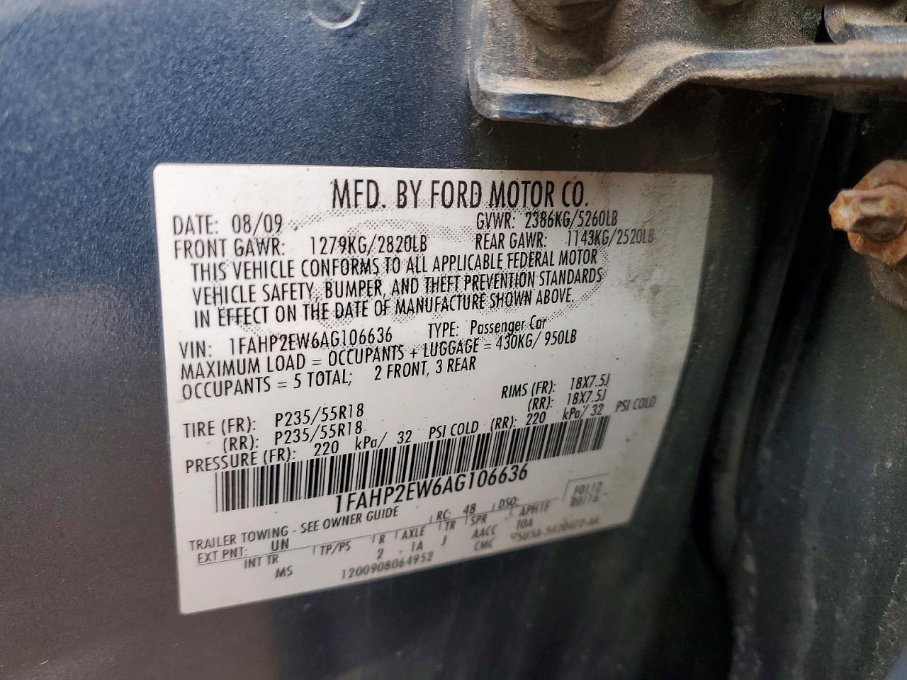 2010 Ford Taurus Sel Blue vin: 1FAHP2EW6AG106636