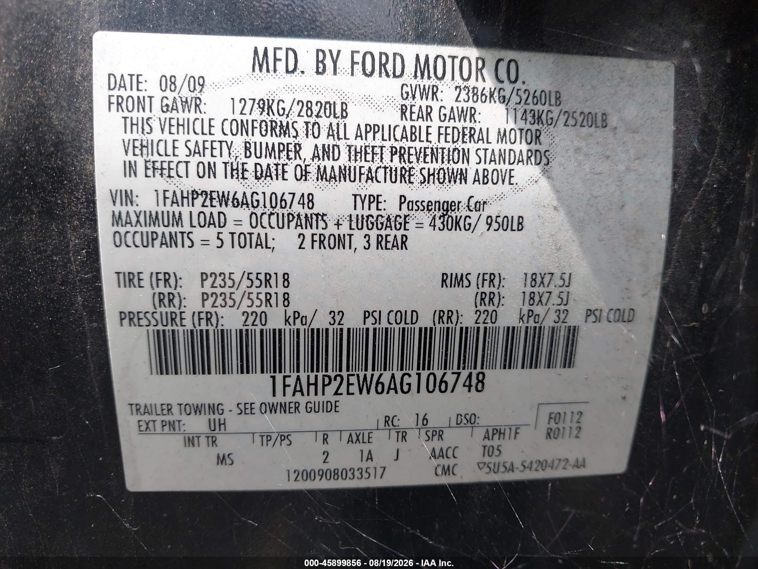 2010 Ford Taurus Sel Black vin: 1FAHP2EW6AG106748