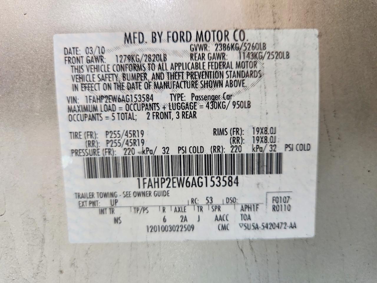 2010 Ford Taurus Sel Gold vin: 1FAHP2EW6AG153584