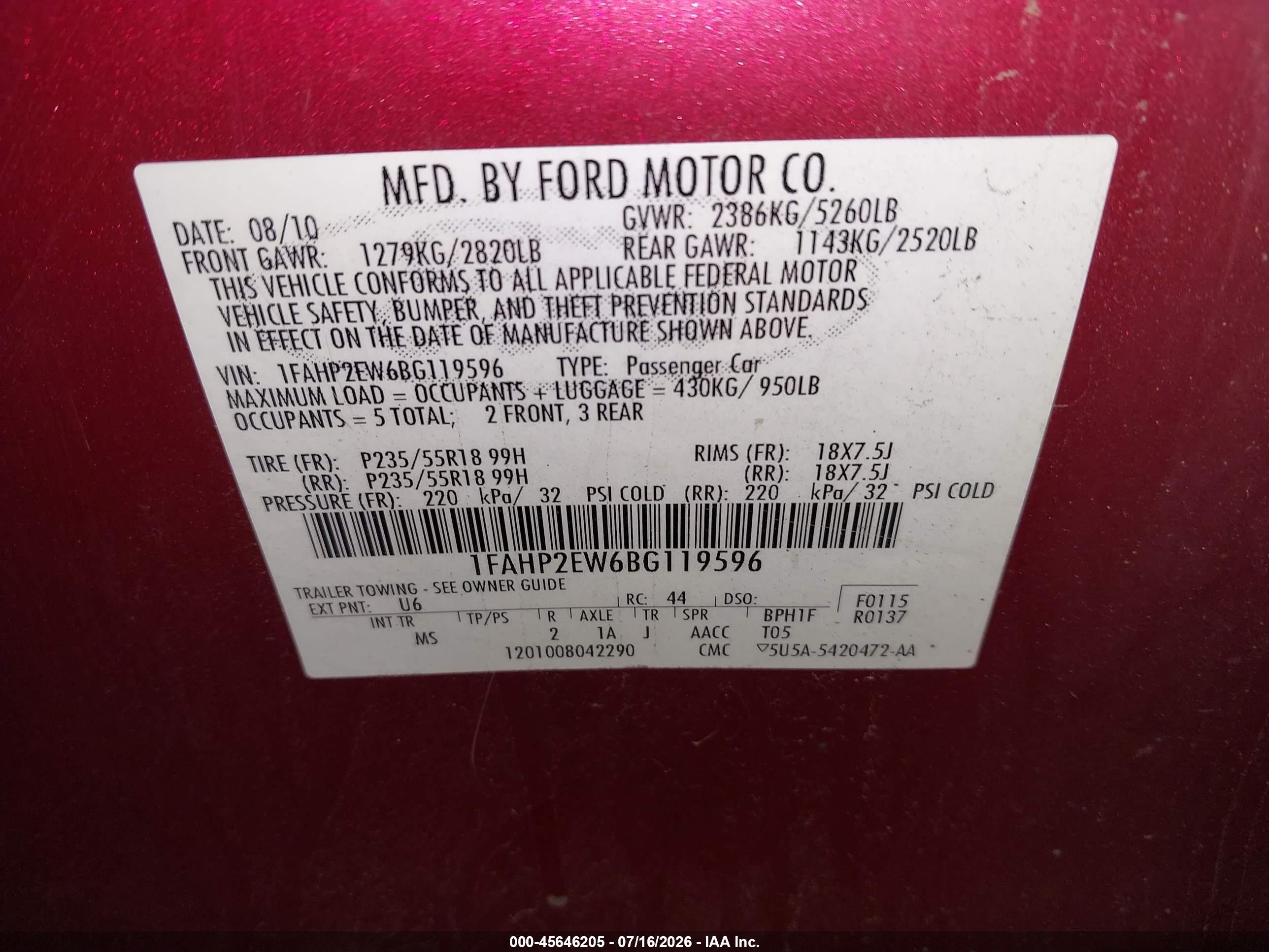 2011 Ford Taurus Sel Red vin: 1FAHP2EW6BG119596
