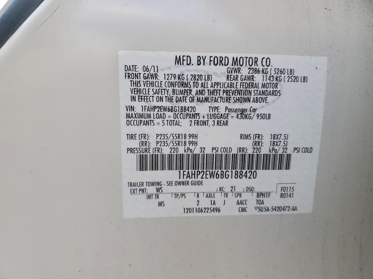 2011 Ford Taurus Sel White vin: 1FAHP2EW6BG188420