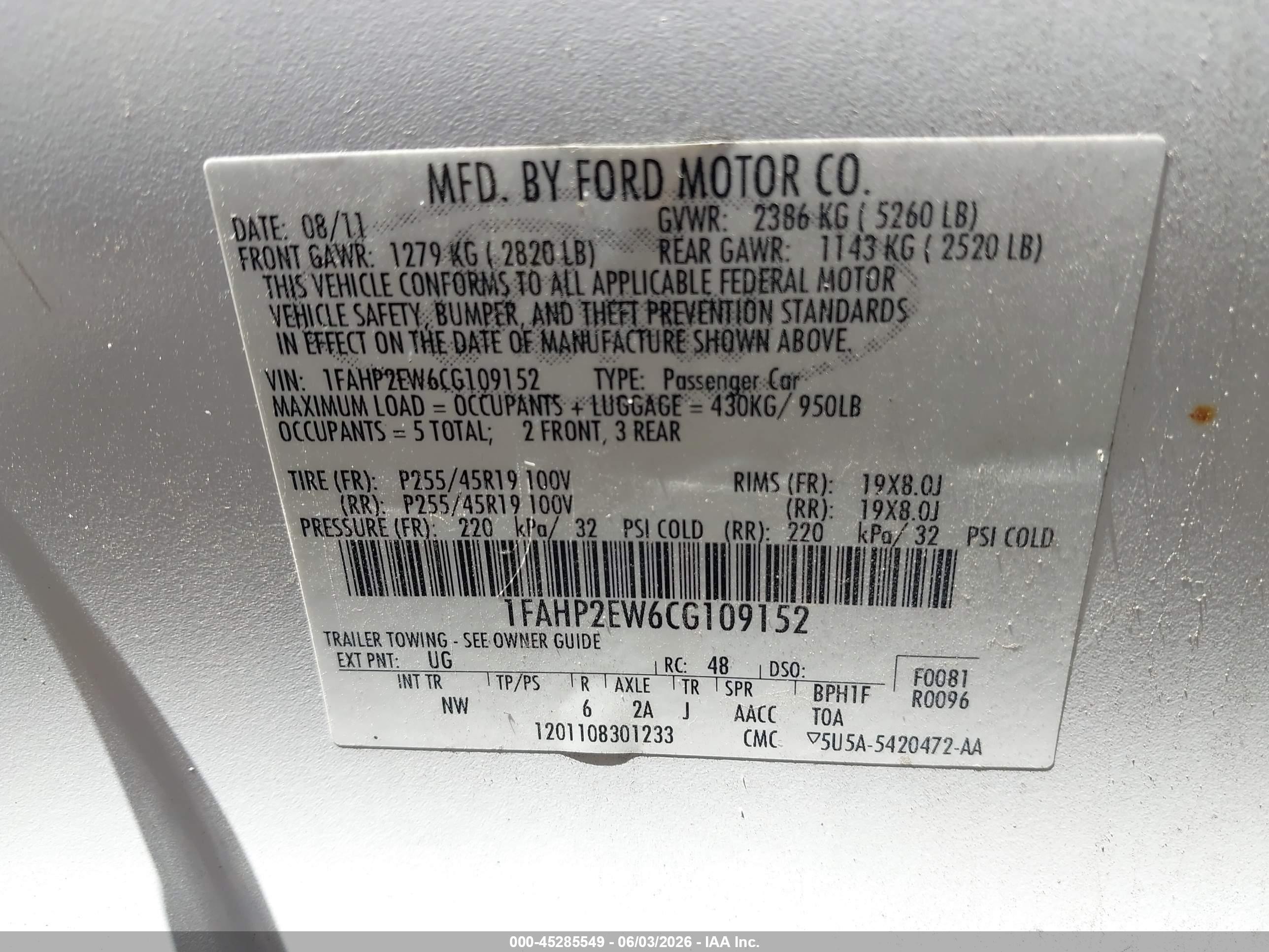 2012 Ford Taurus Sel White vin: 1FAHP2EW6CG109152