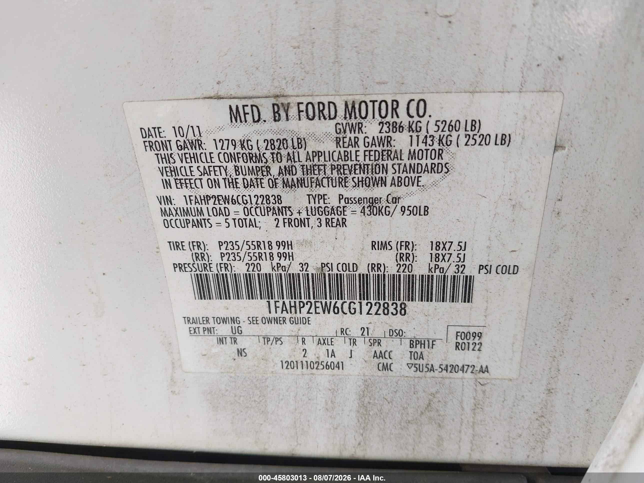 2012 Ford Taurus Sel White vin: 1FAHP2EW6CG122838