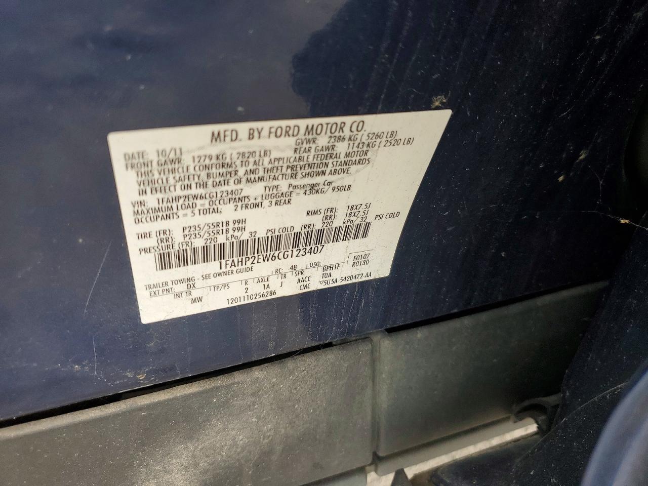 2012 Ford Taurus Sel Blue vin: 1FAHP2EW6CG123407