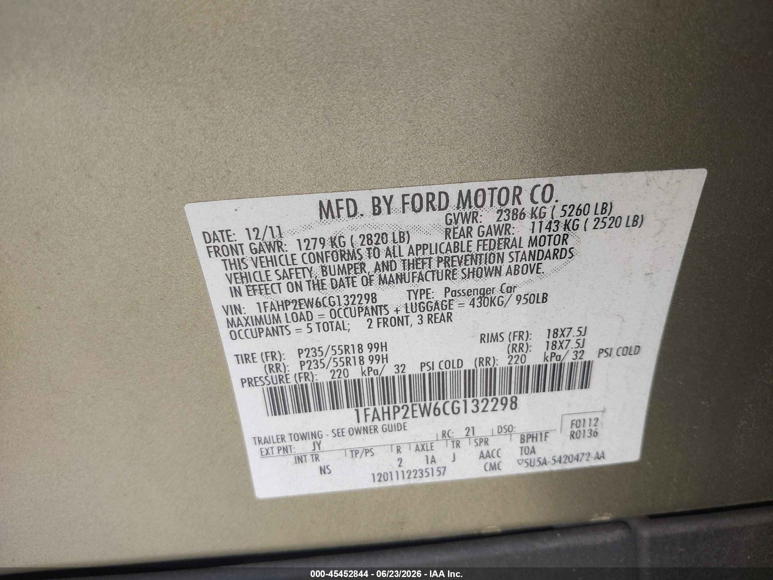 2012 Ford Taurus Sel Green vin: 1FAHP2EW6CG132298