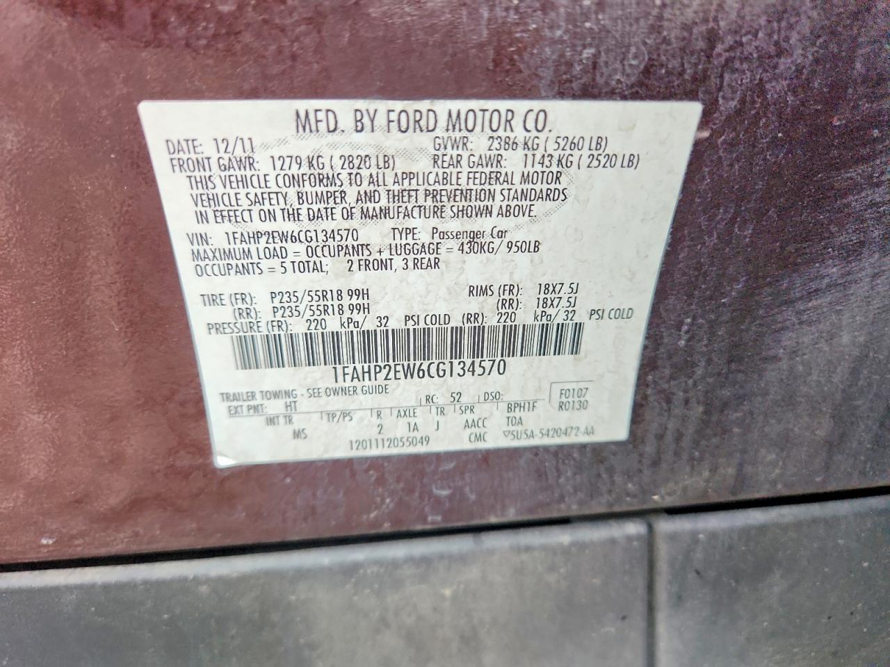 2012 Ford Taurus Sel Brown vin: 1FAHP2EW6CG134570