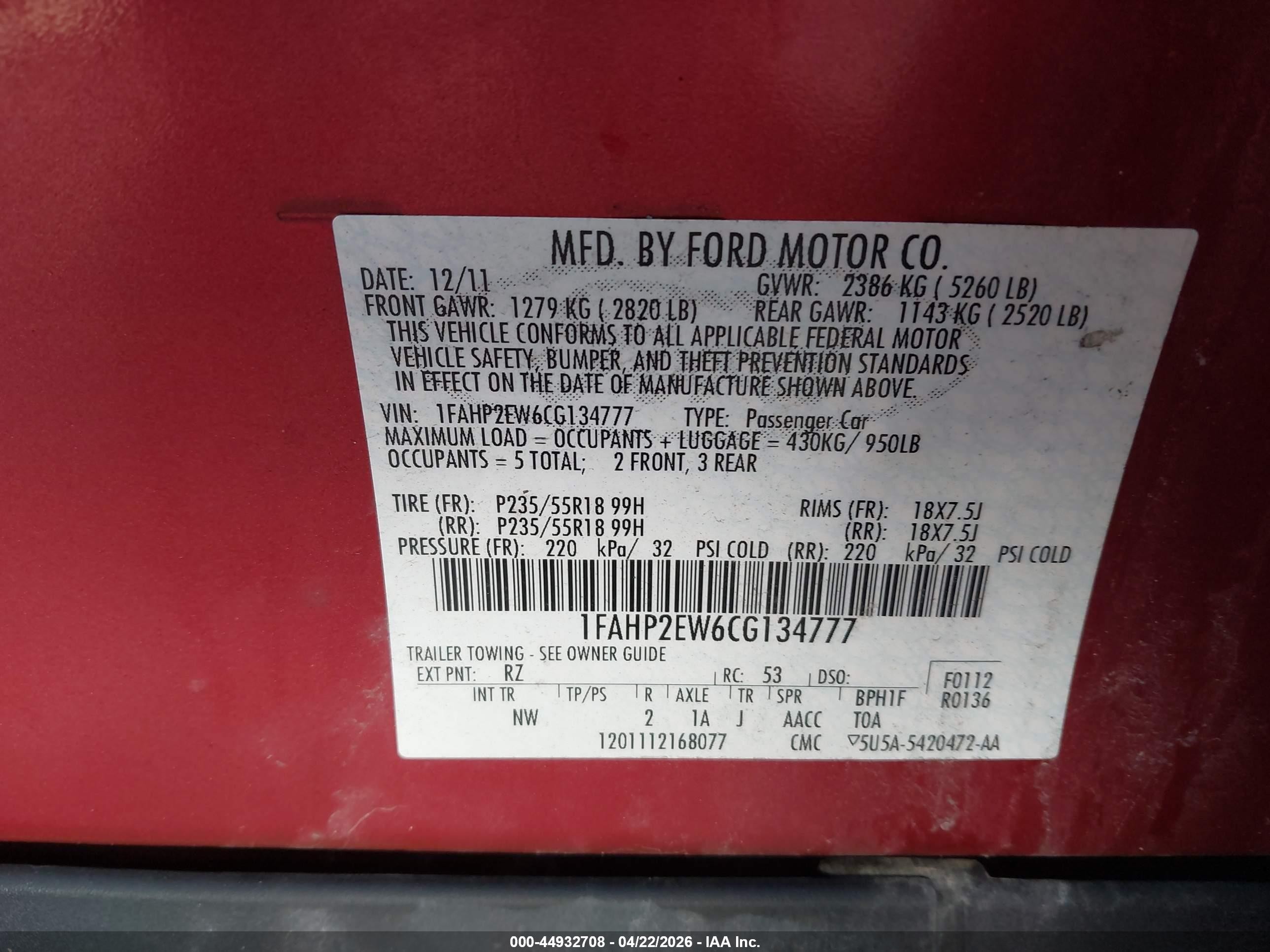 2012 Ford Taurus Sel Red vin: 1FAHP2EW6CG134777