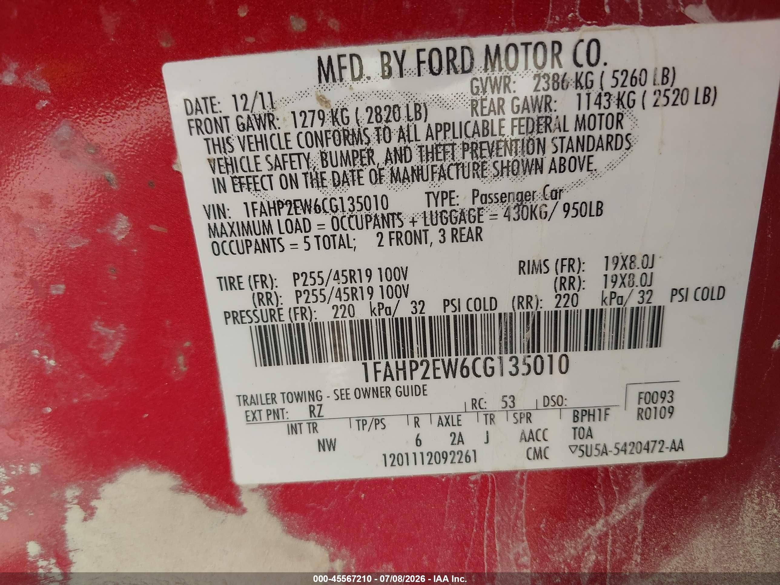 2012 Ford Taurus Sel Красный vin: 1FAHP2EW6CG135010