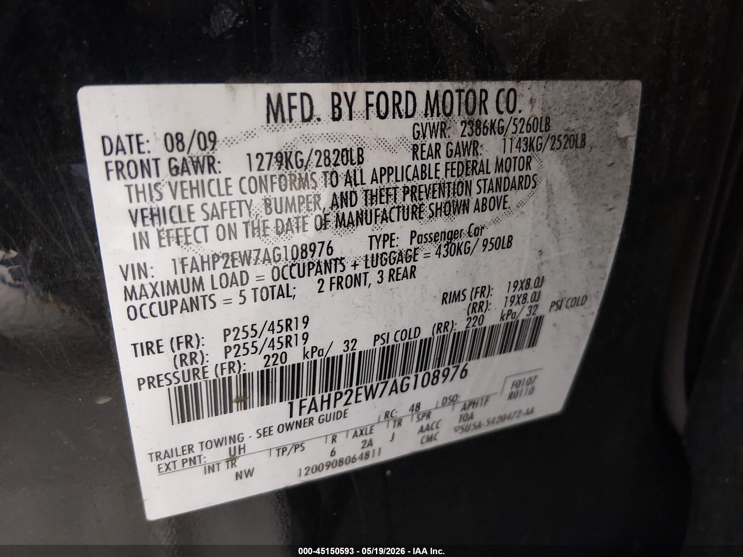 2010 Ford Taurus Sel Black vin: 1FAHP2EW7AG108976