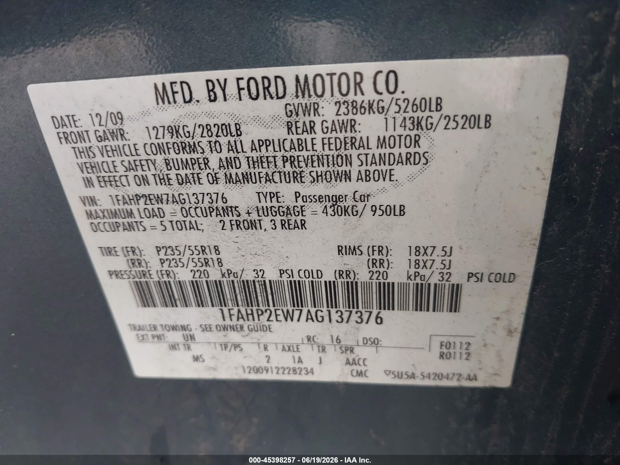 2010 Ford Taurus Sel Blue vin: 1FAHP2EW7AG137376