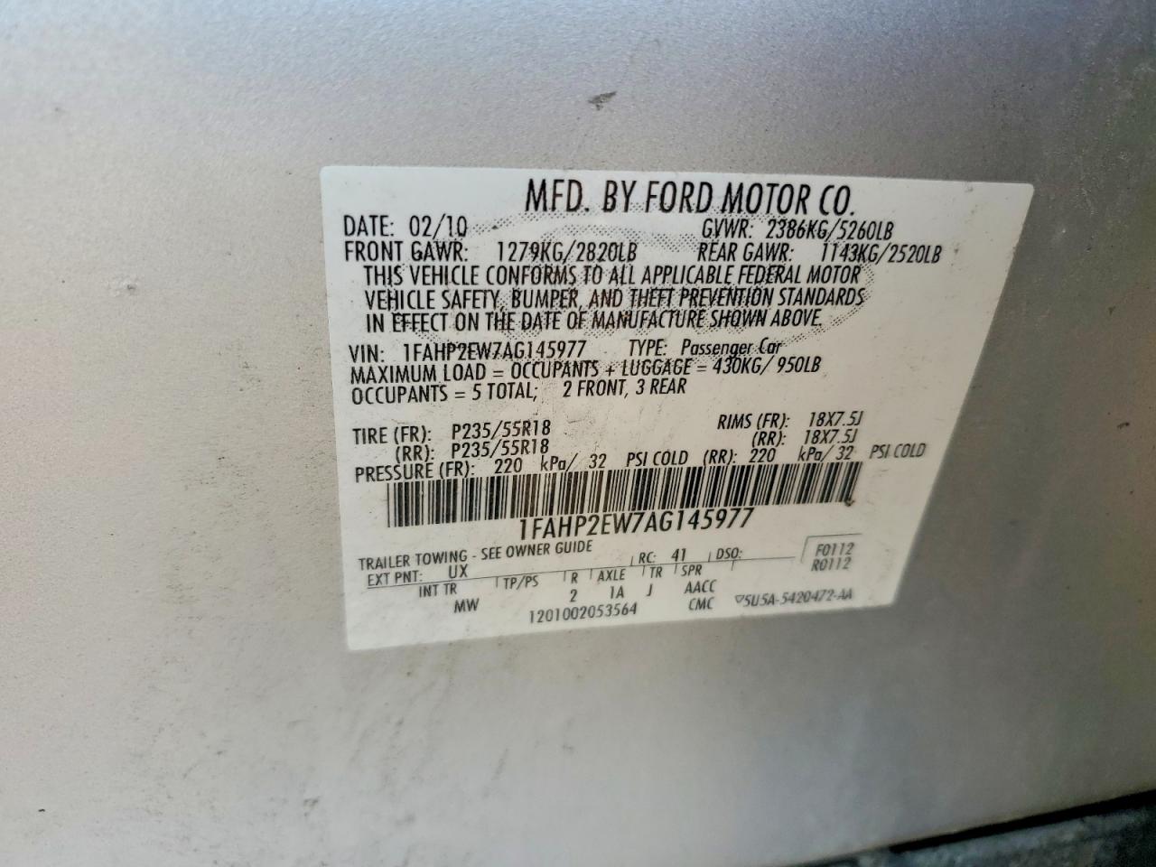 2010 Ford Taurus Sel Silver vin: 1FAHP2EW7AG145977