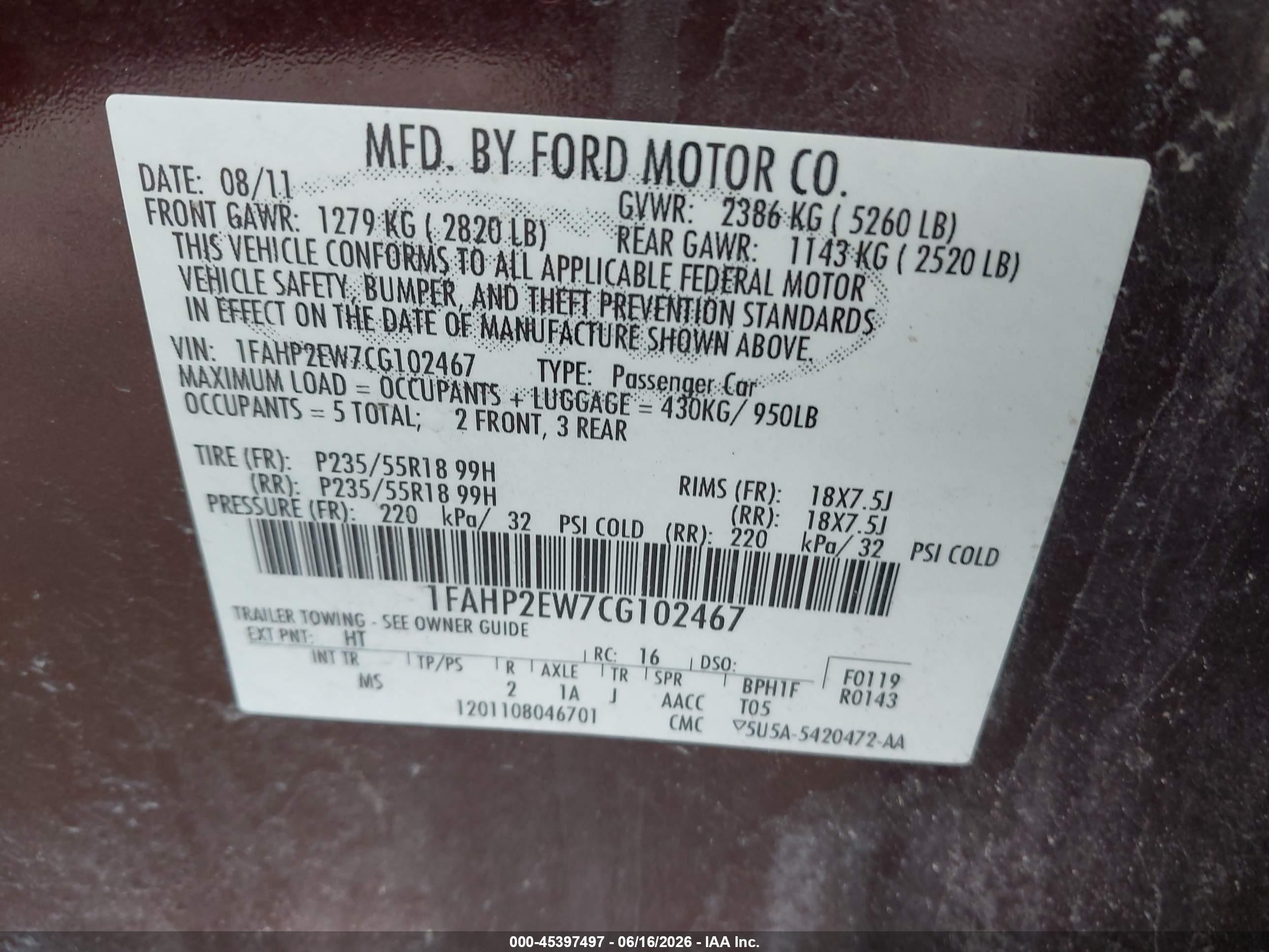 2012 Ford Taurus Sel Maroon vin: 1FAHP2EW7CG102467