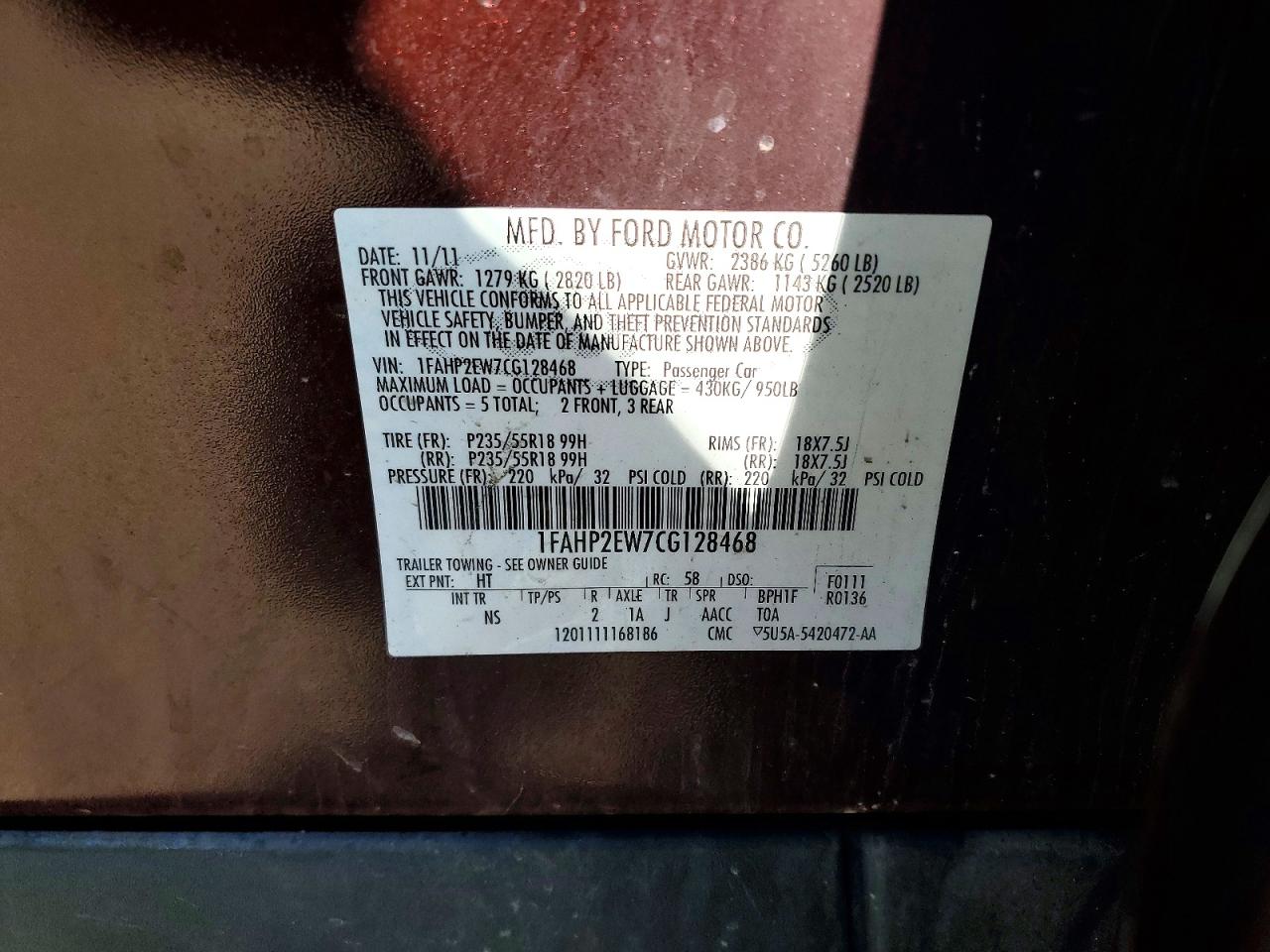 2012 Ford Taurus Sel Темно-бордовый vin: 1FAHP2EW7CG128468