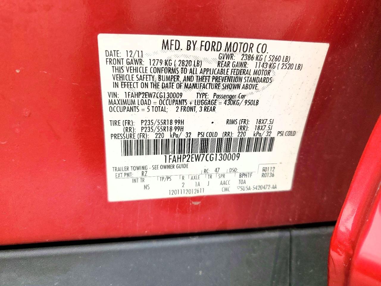 2012 Ford Taurus Sel Red vin: 1FAHP2EW7CG130009