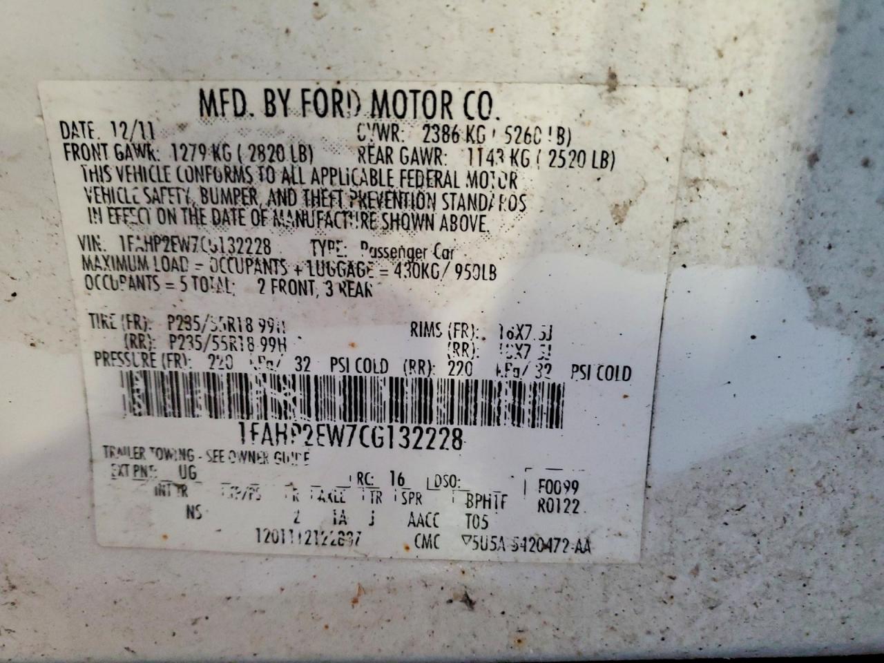 2012 Ford Taurus Sel White vin: 1FAHP2EW7CG132228