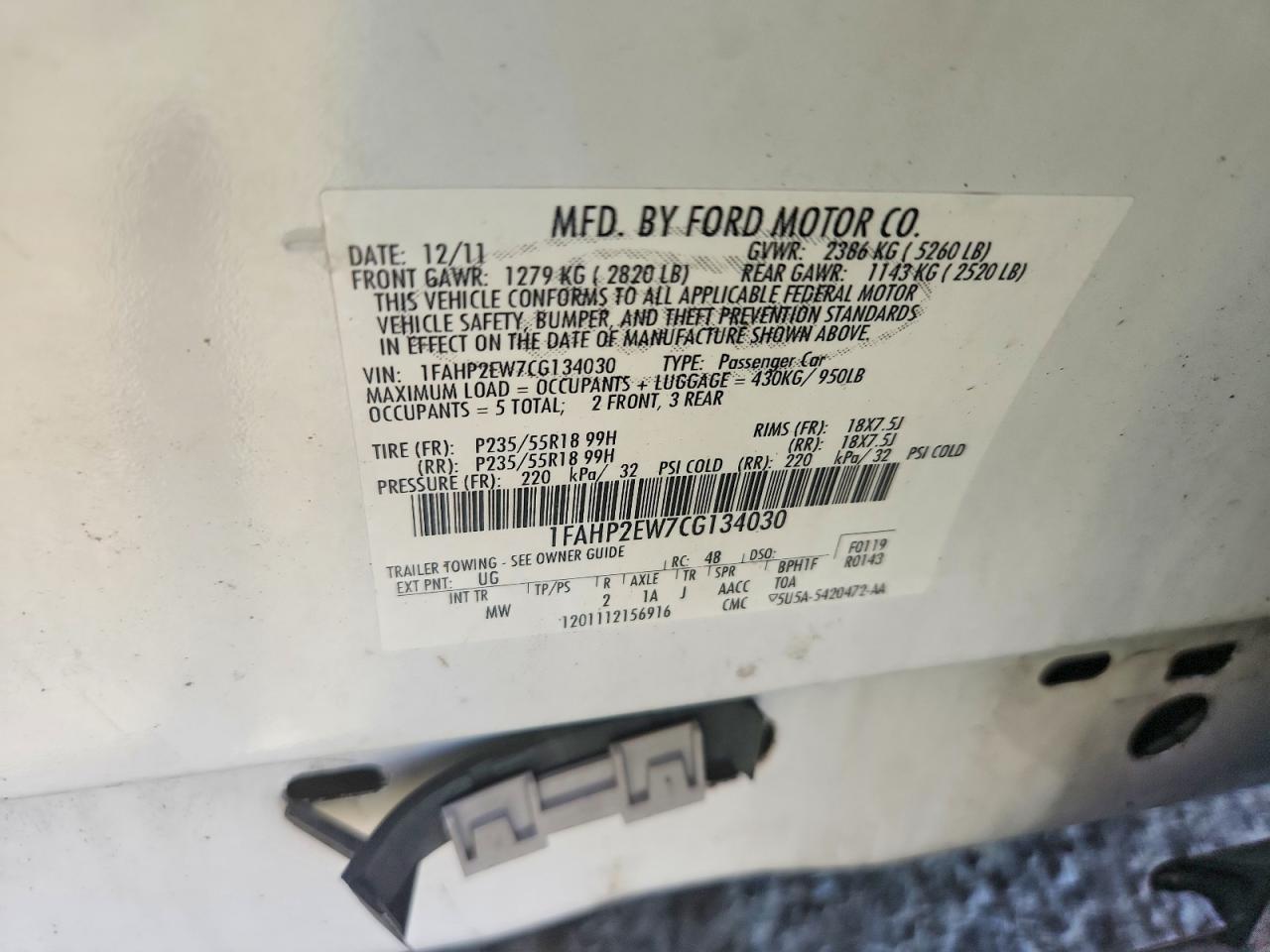 2012 Ford Taurus Sel Белый vin: 1FAHP2EW7CG134030