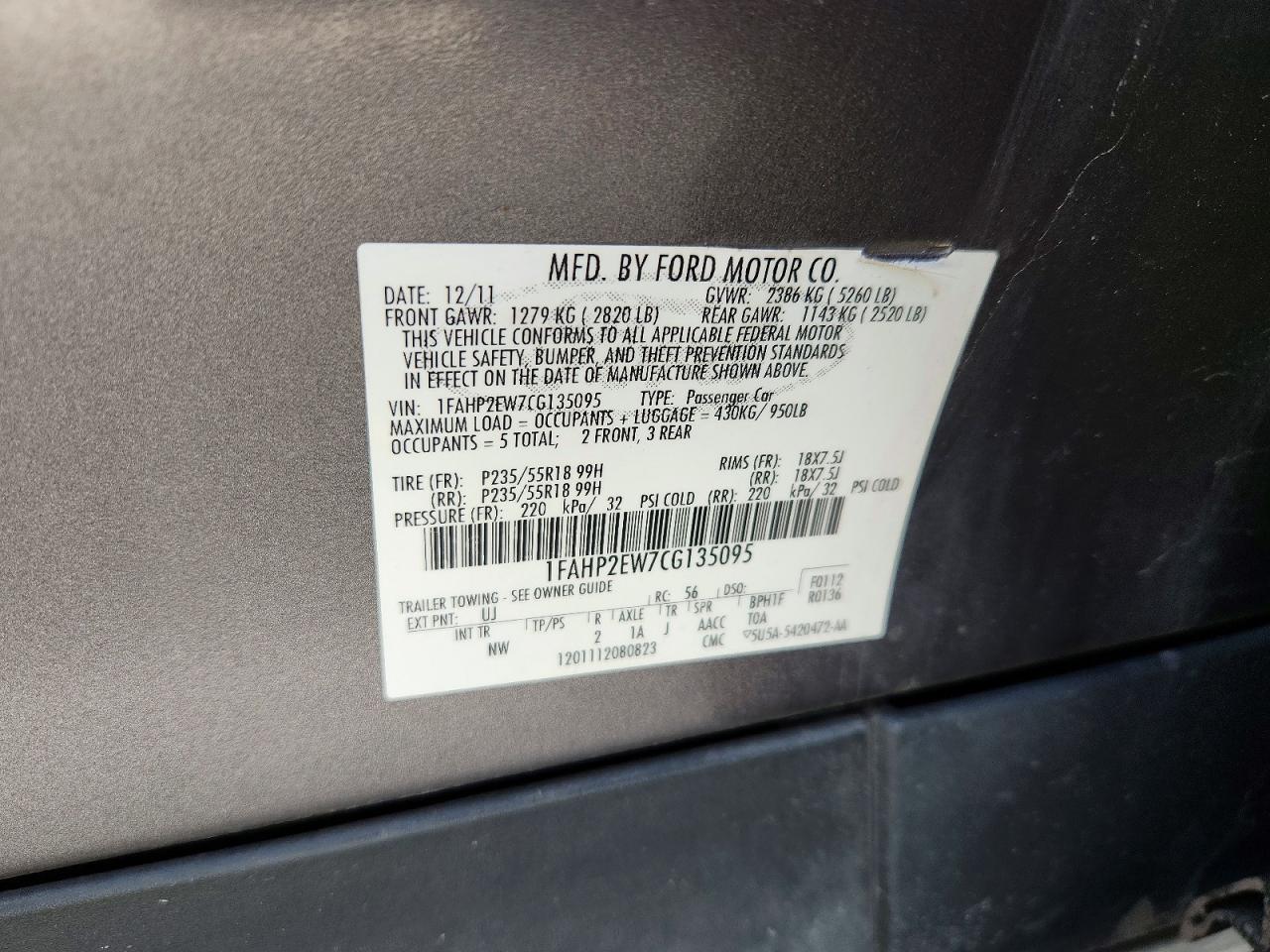 2012 Ford Taurus Sel Gray vin: 1FAHP2EW7CG135095