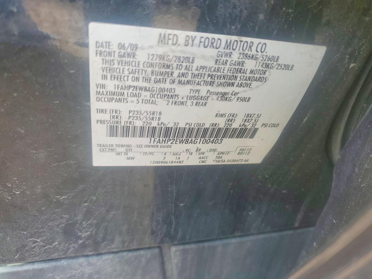 2010 Ford Taurus Sel Black vin: 1FAHP2EW8AG100403