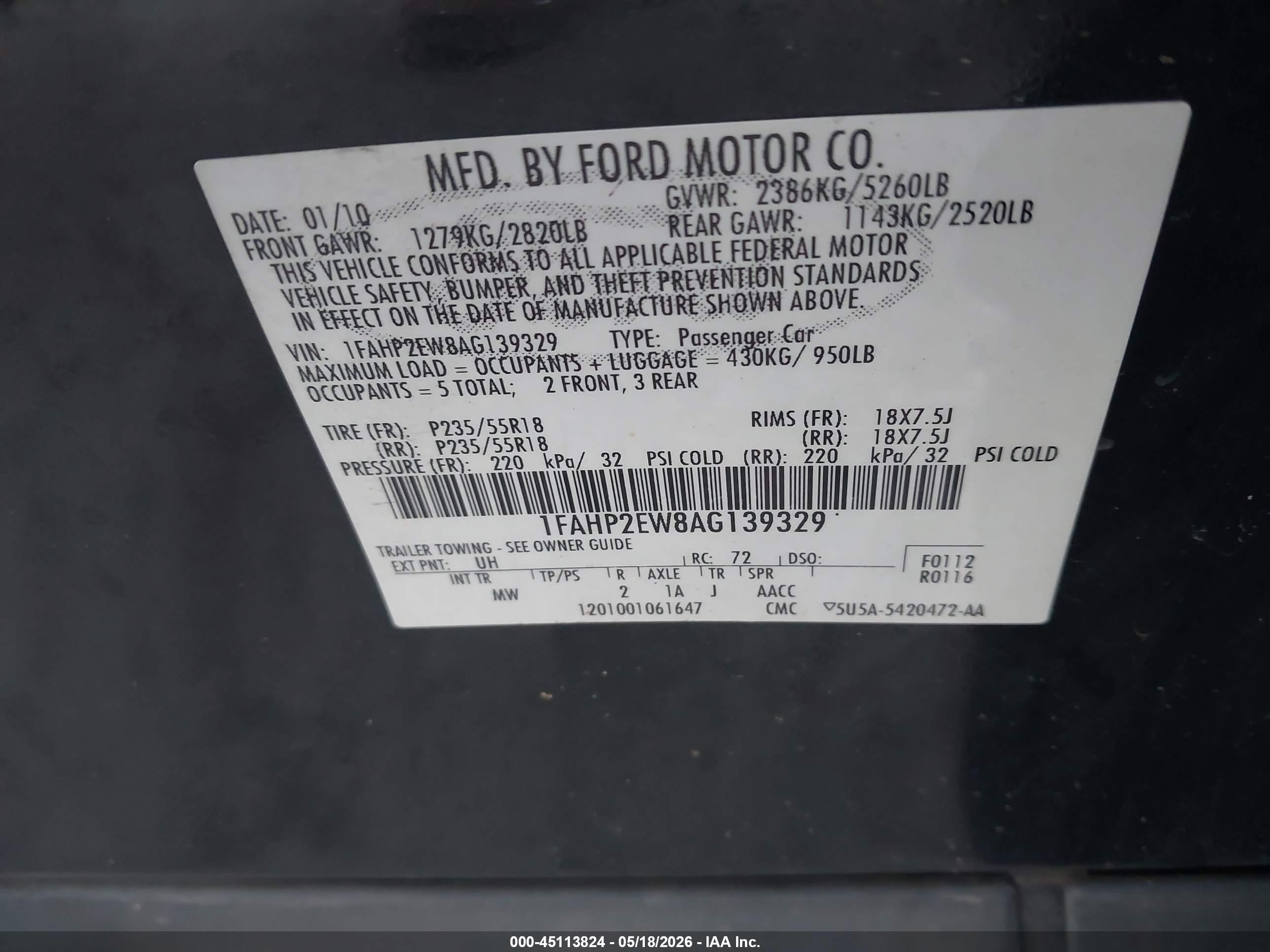 2010 Ford Taurus Sel Black vin: 1FAHP2EW8AG139329