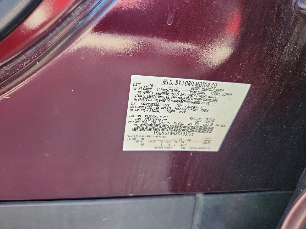 2011 Ford Taurus Sel Burgundy vin: 1FAHP2EW8BG103772