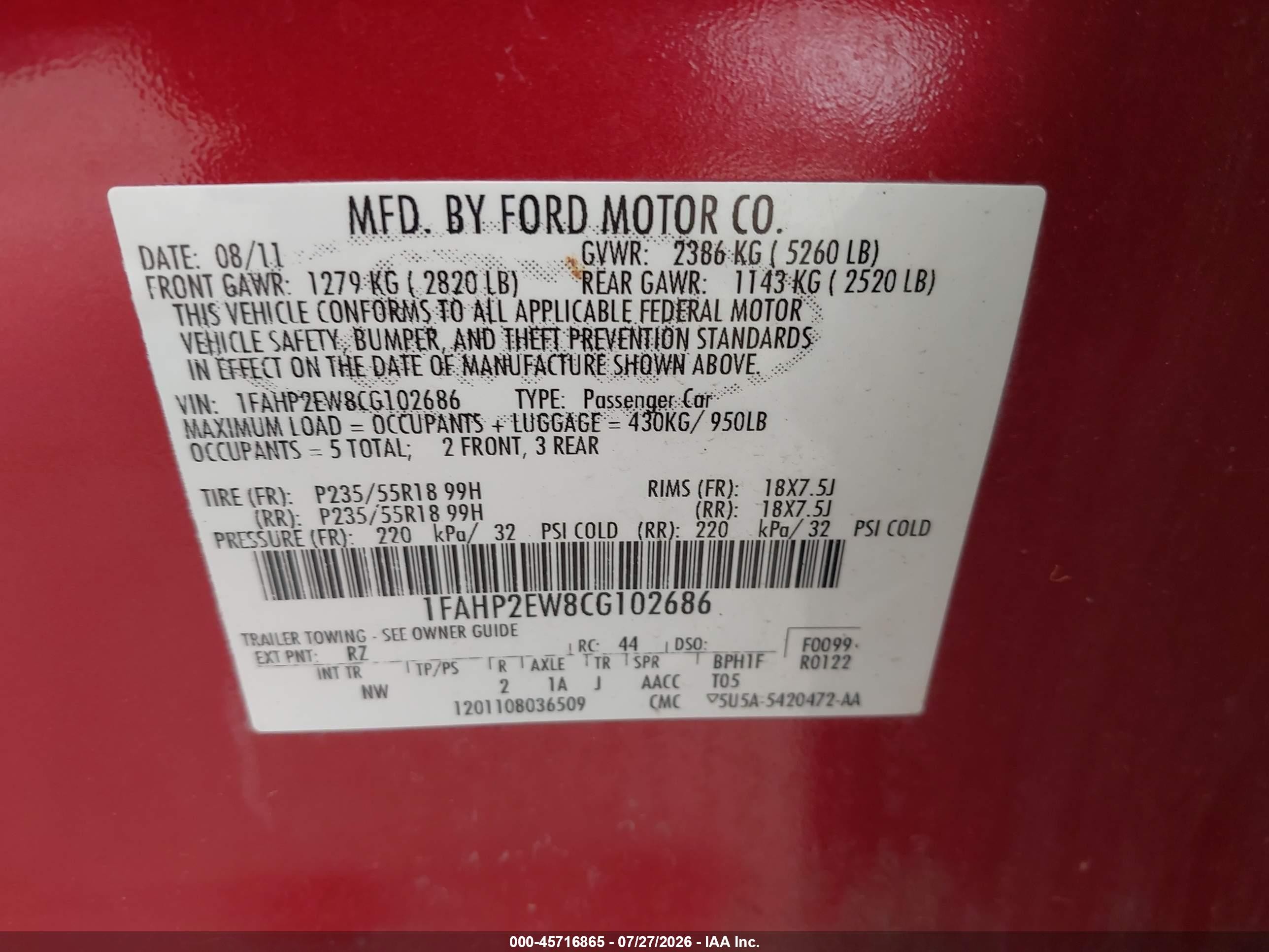2012 Ford Taurus Sel Red vin: 1FAHP2EW8CG102686