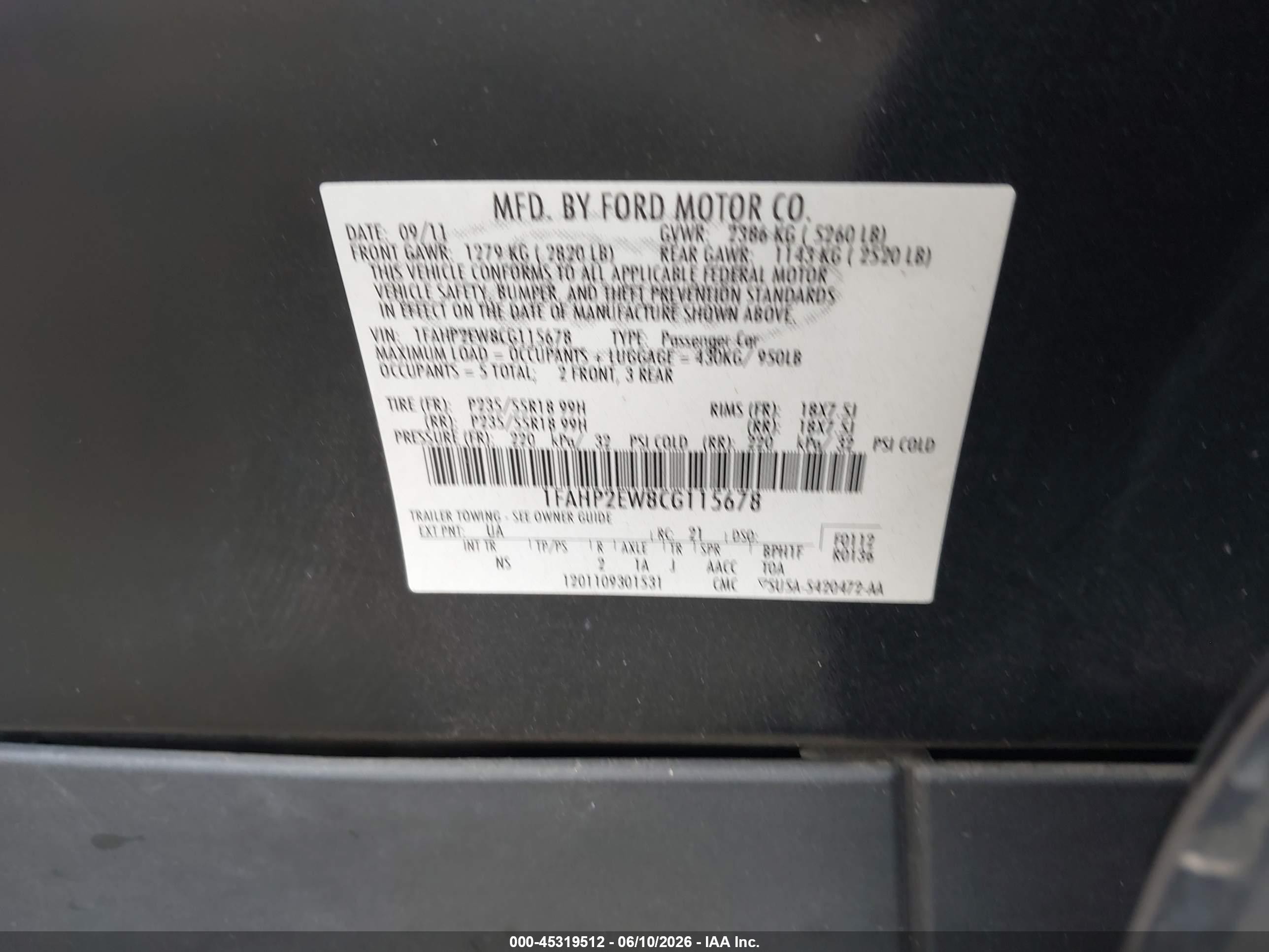2012 Ford Taurus Sel Черный vin: 1FAHP2EW8CG115678