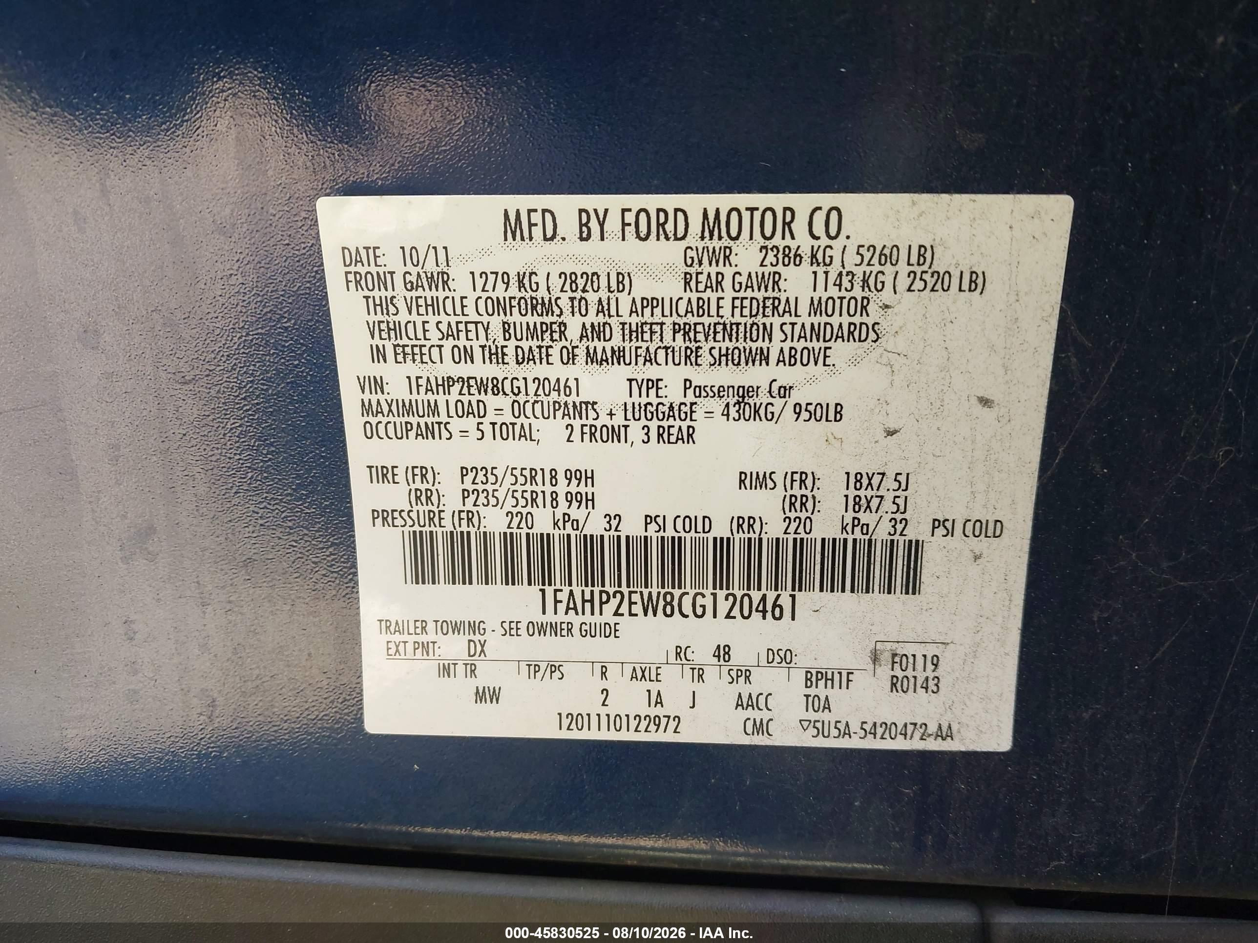 2012 Ford Taurus Sel Blue vin: 1FAHP2EW8CG120461