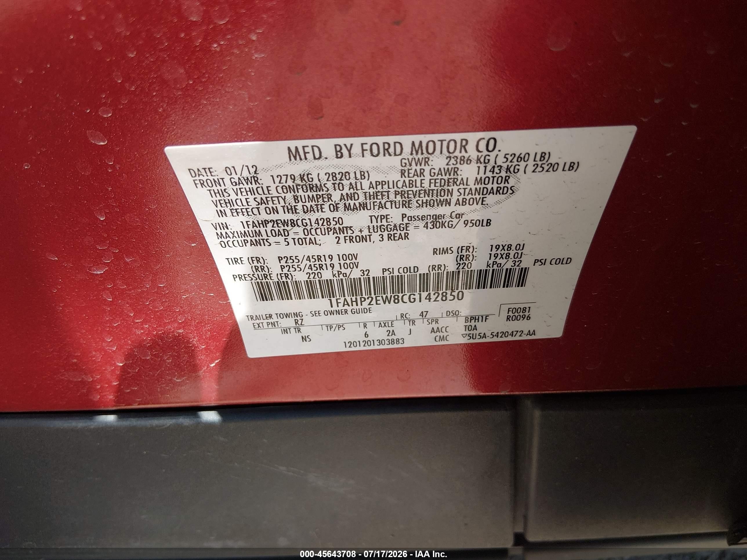 2012 Ford Taurus Sel Red vin: 1FAHP2EW8CG142850