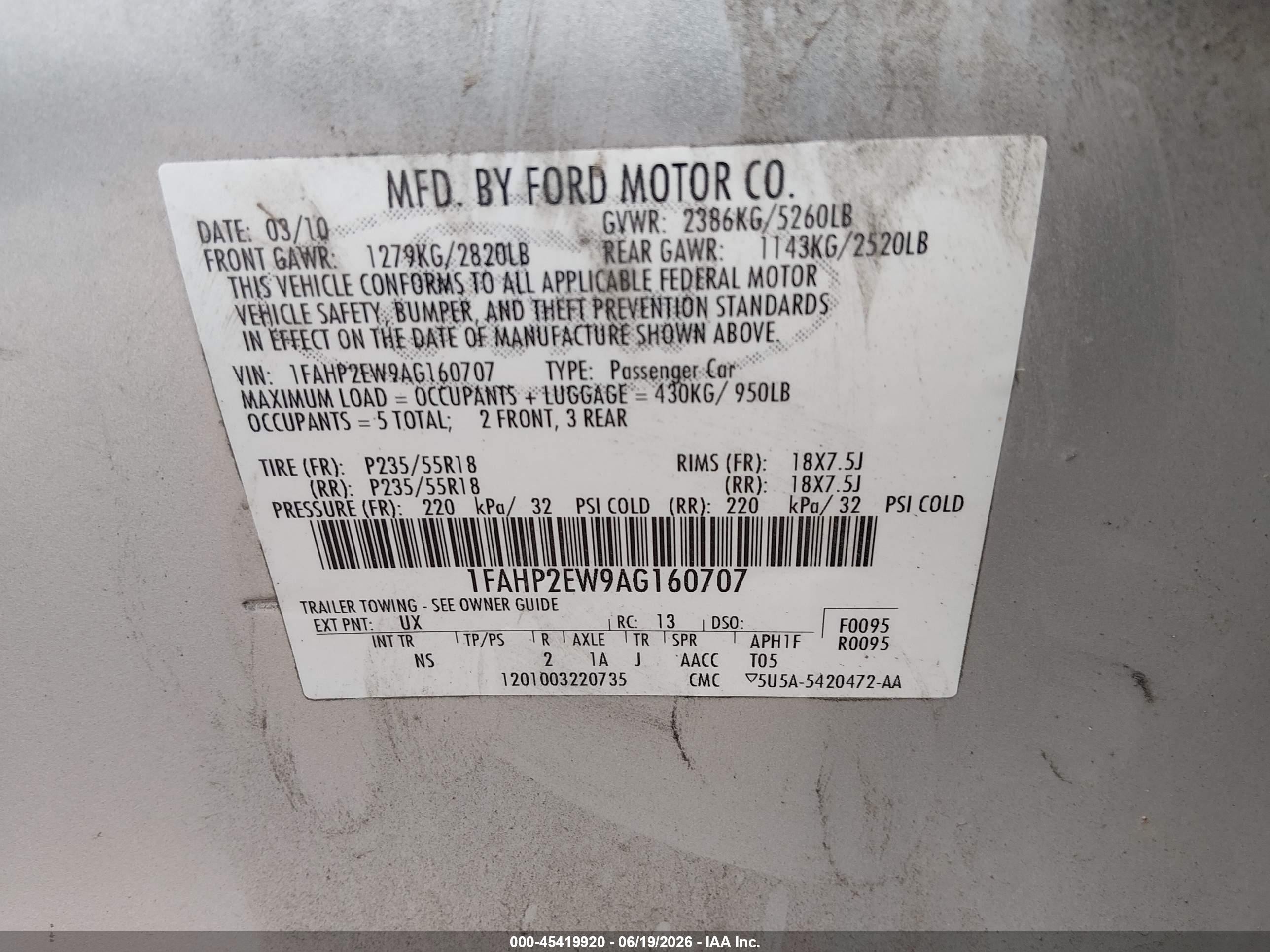 2010 Ford Taurus Sel Silver vin: 1FAHP2EW9AG160707