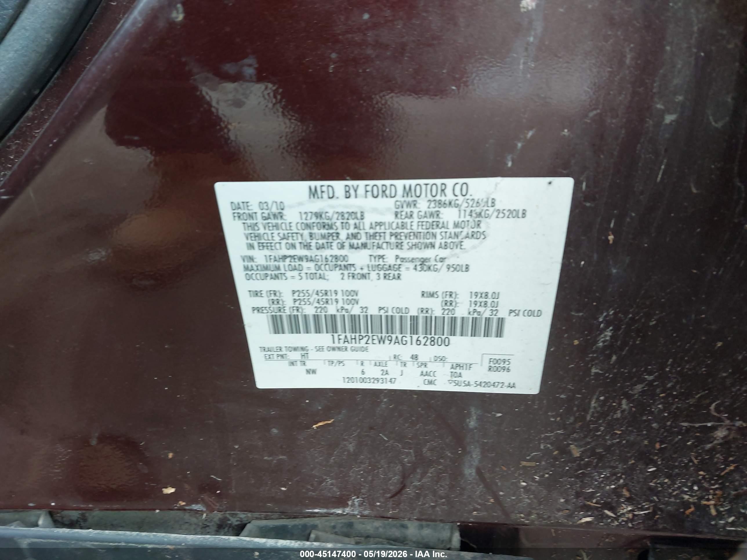 2010 Ford Taurus Sel Бордовый vin: 1FAHP2EW9AG162800