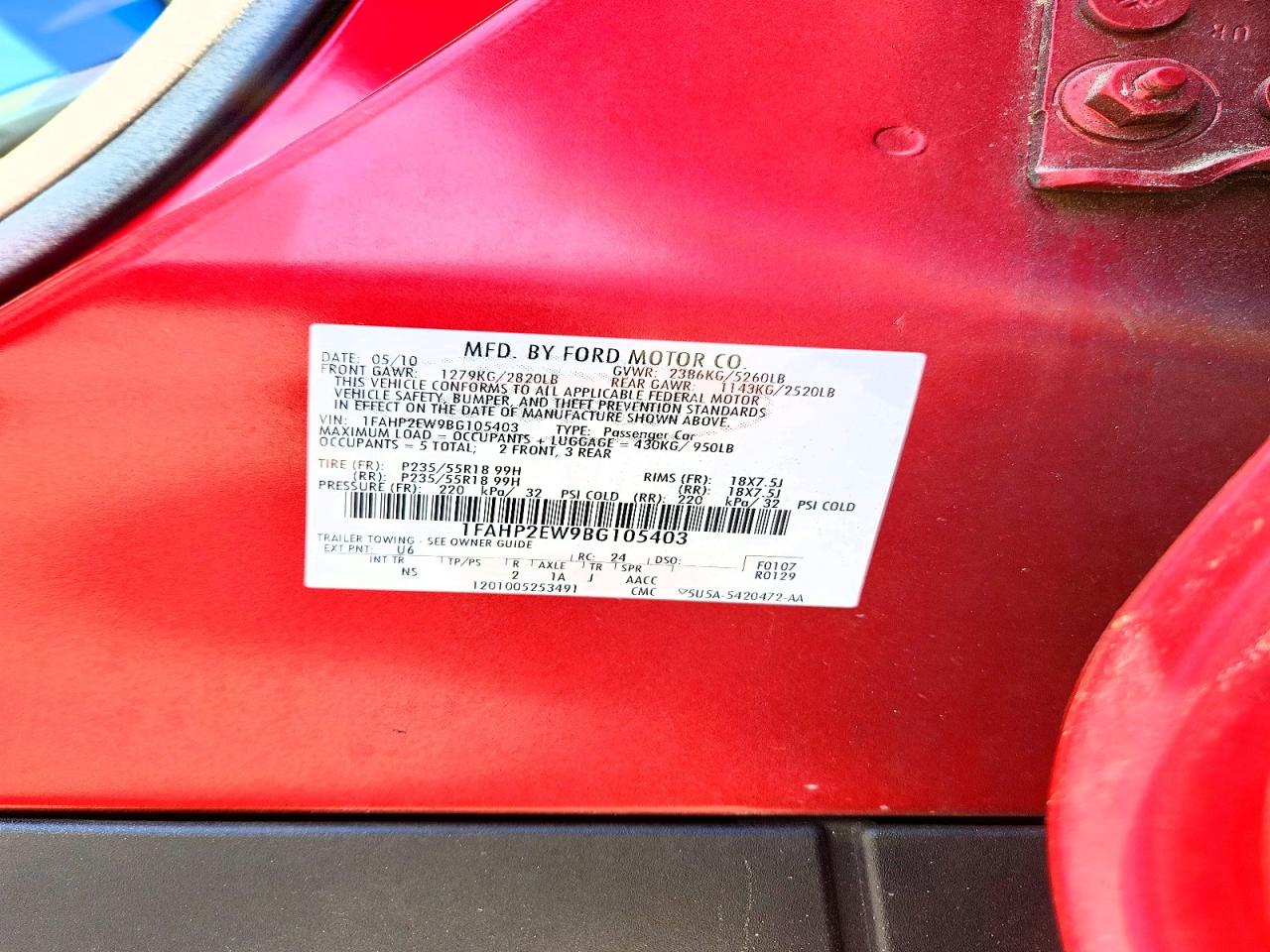 2011 Ford Taurus Sel Red vin: 1FAHP2EW9BG105403