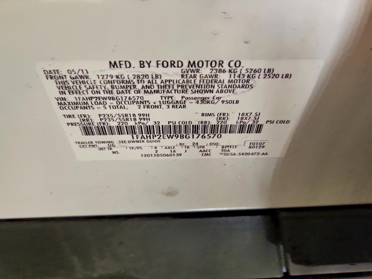 2011 Ford Taurus Sel White vin: 1FAHP2EW9BG176570