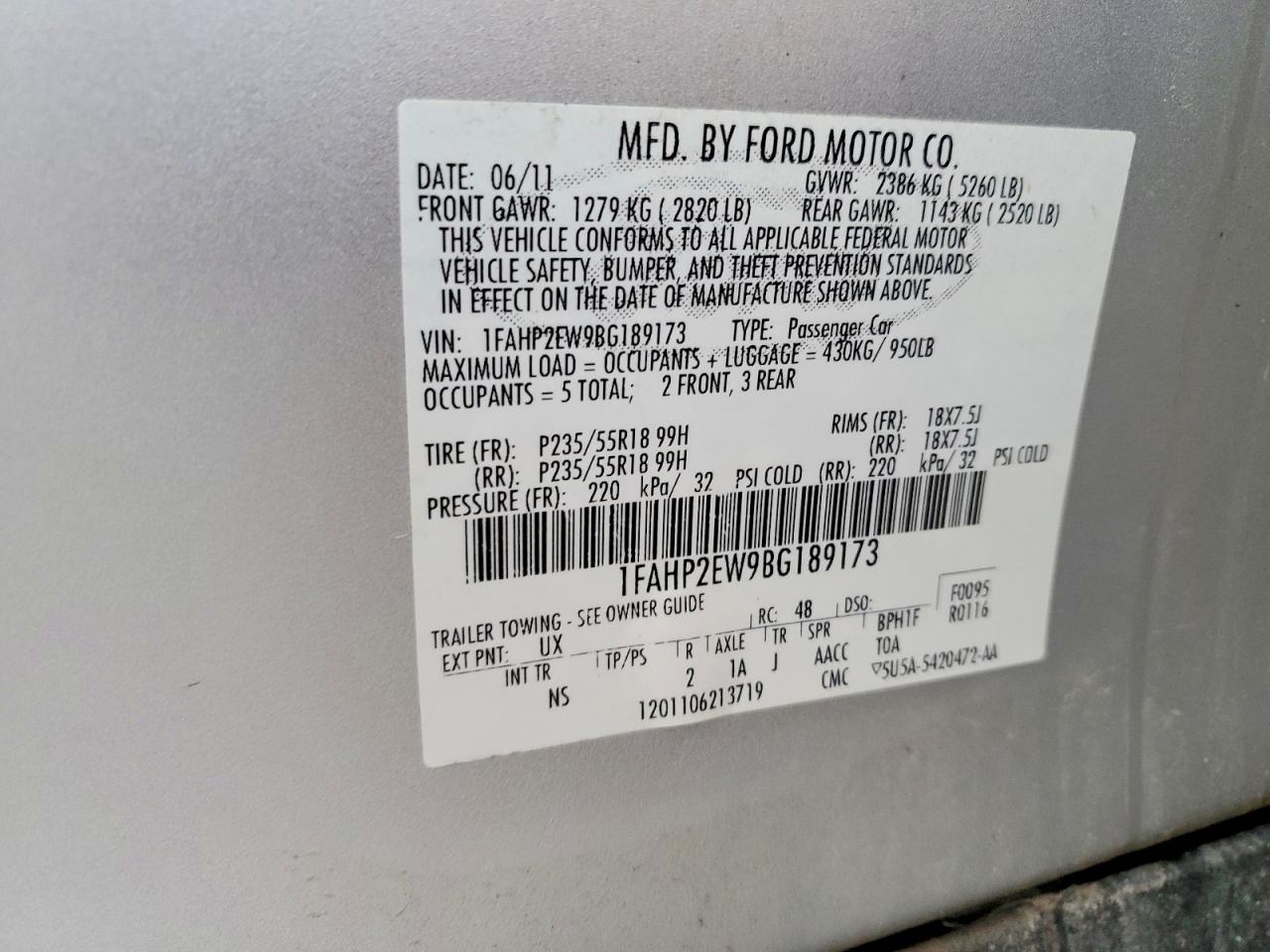 2011 Ford Taurus Sel Silver vin: 1FAHP2EW9BG189173