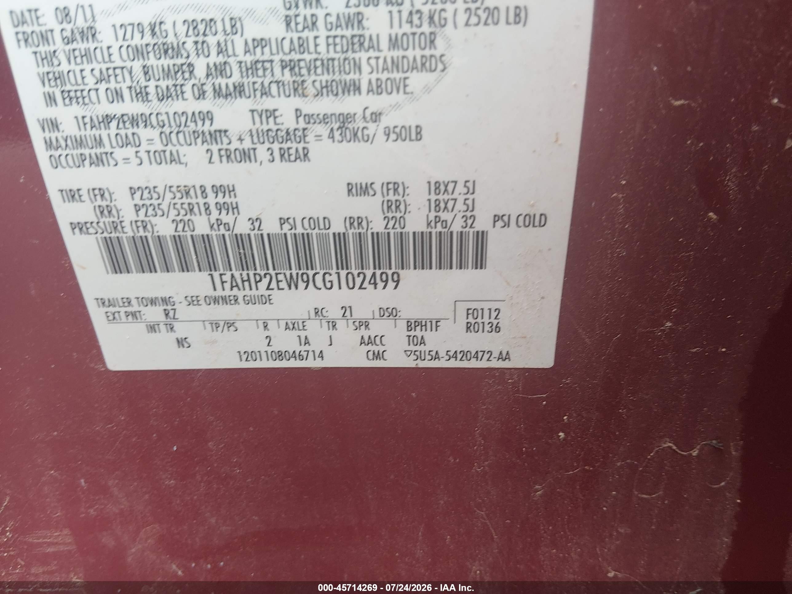 2012 Ford Taurus Sel Burgundy vin: 1FAHP2EW9CG102499