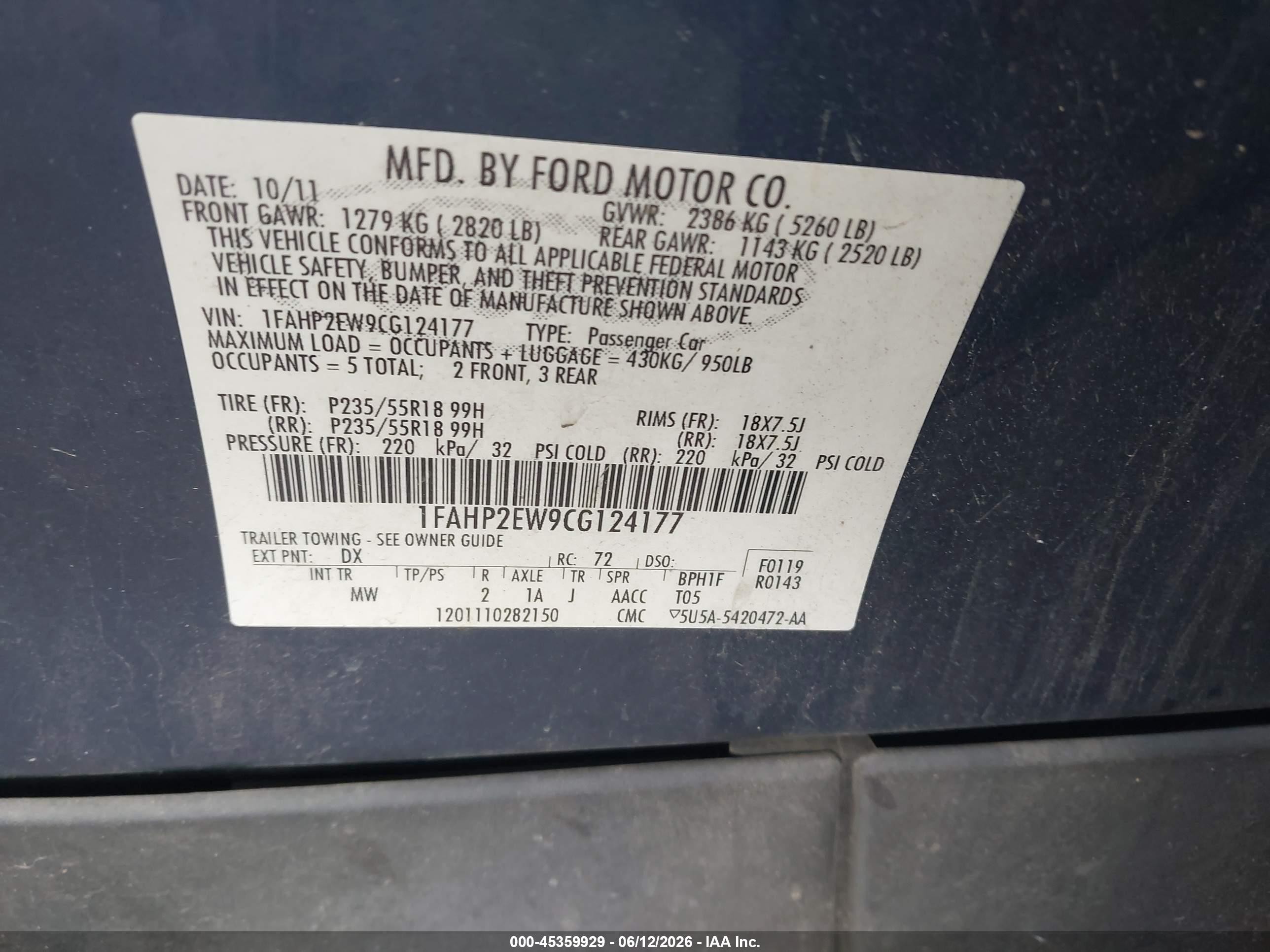 2012 Ford Taurus Sel Blue vin: 1FAHP2EW9CG124177