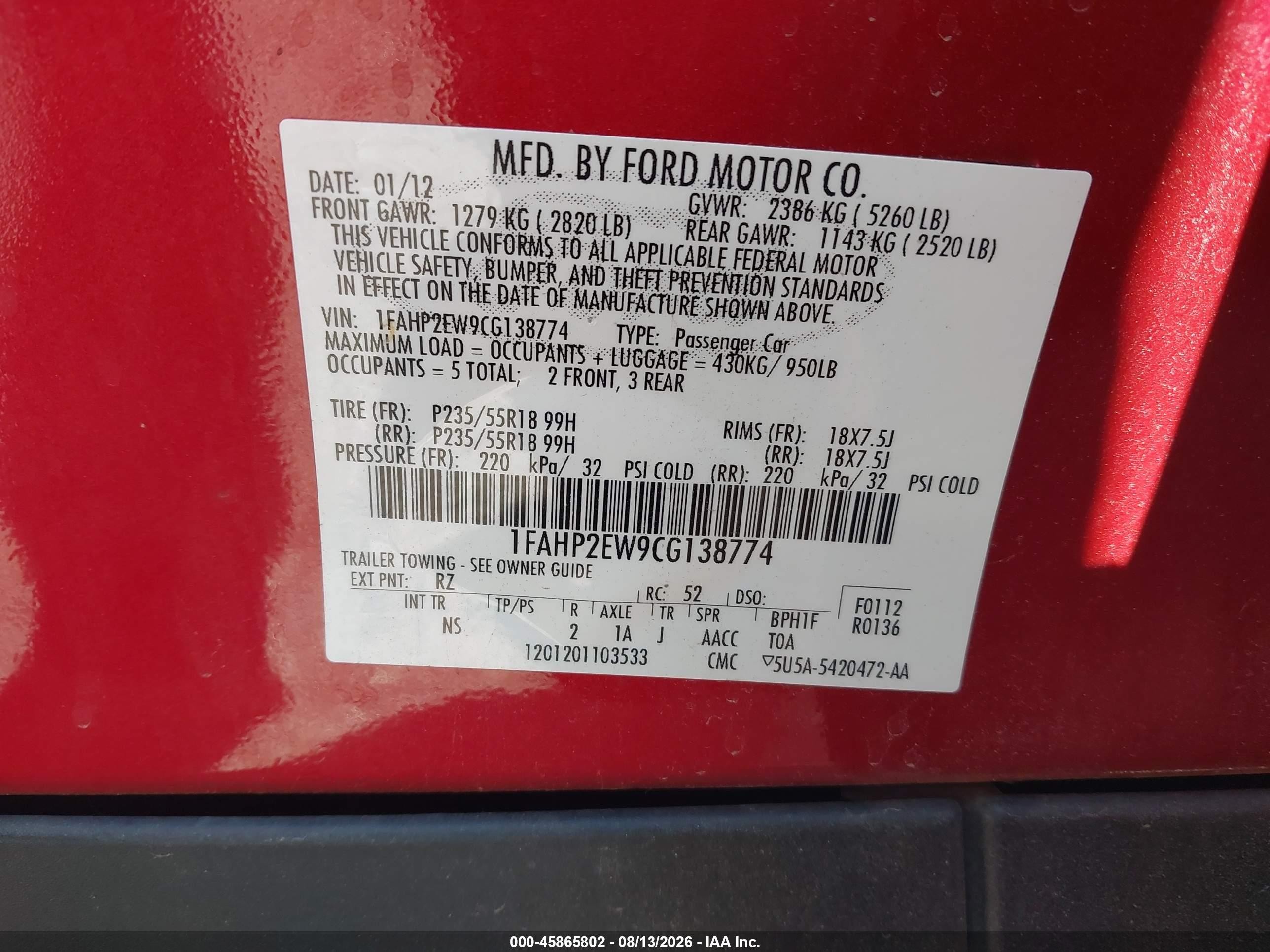 2012 Ford Taurus Sel Red vin: 1FAHP2EW9CG138774